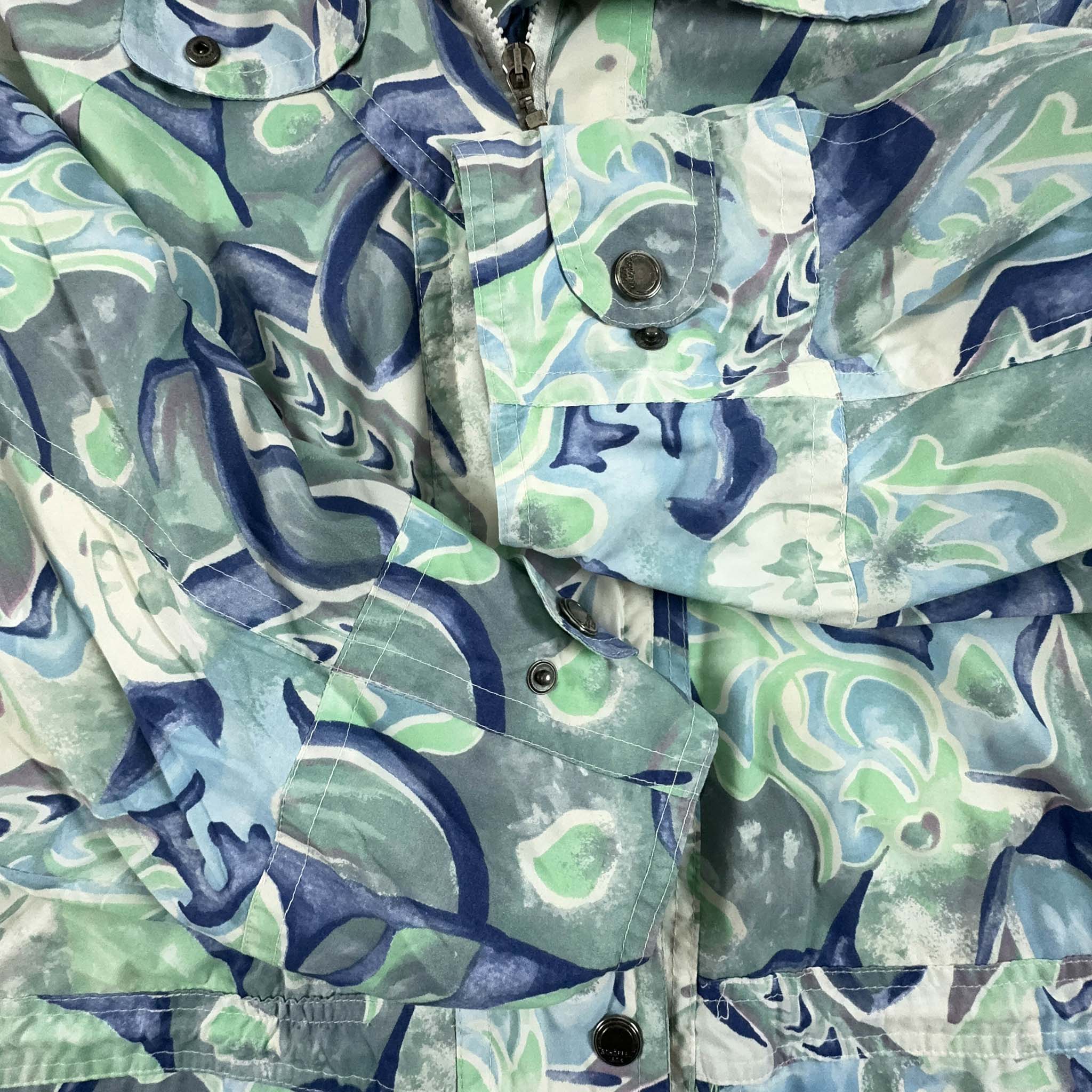 Giacca a vento Vintage a fantasia azzurra e verde con zip - Taglia M/L uomo