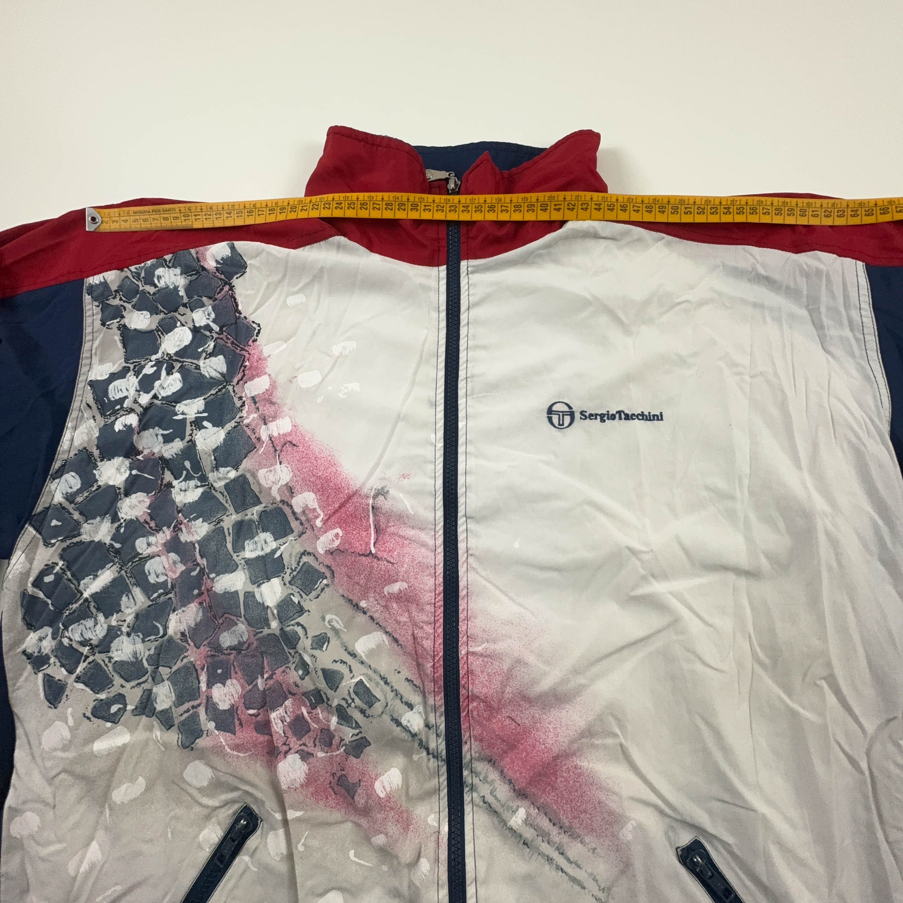 Giacca a vento Vintage Sergio Tacchini bianca e blu con zip anni 90 - Taglia XL uomo
