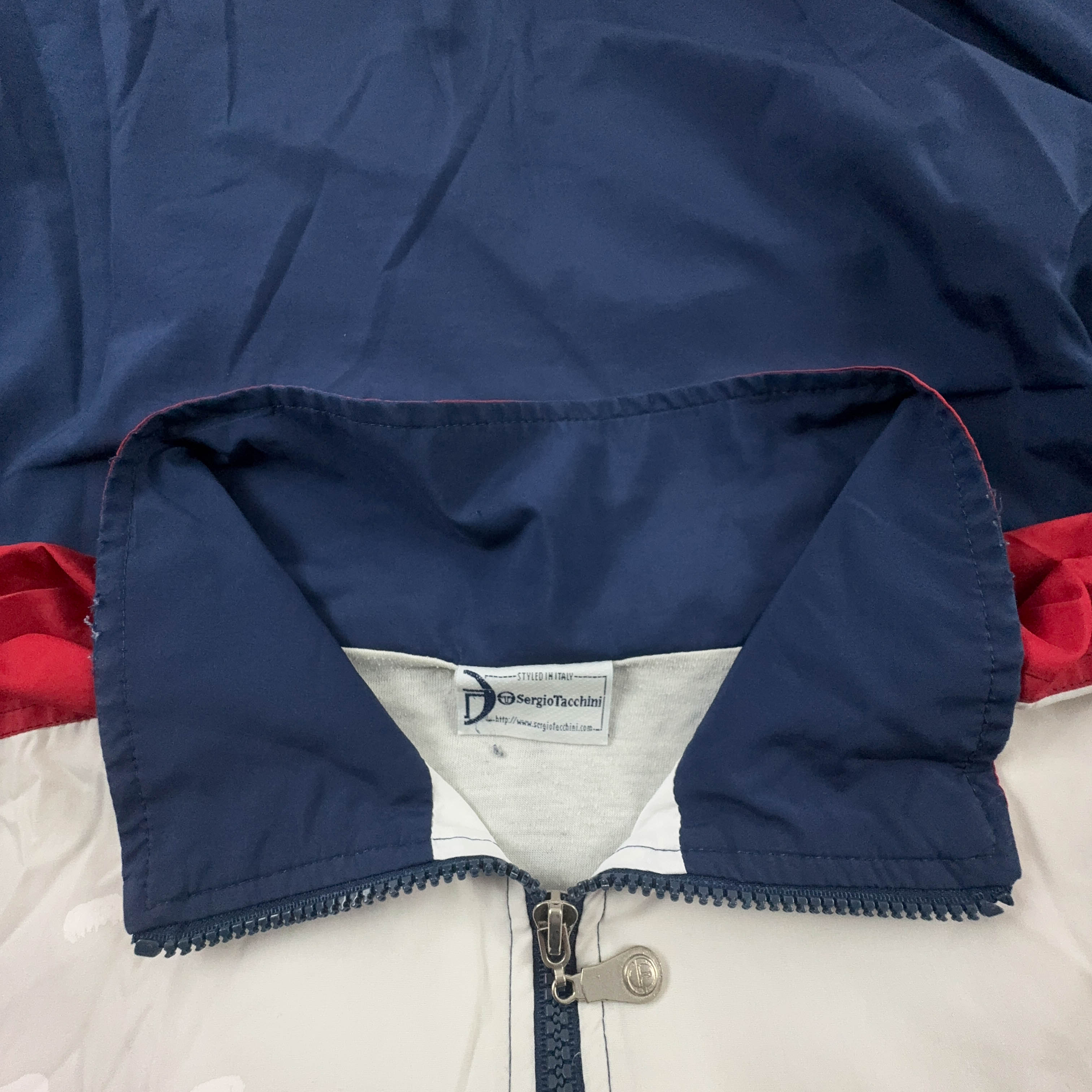 Giacca a vento Vintage Sergio Tacchini bianca e blu con zip anni 90 - Taglia XL uomo