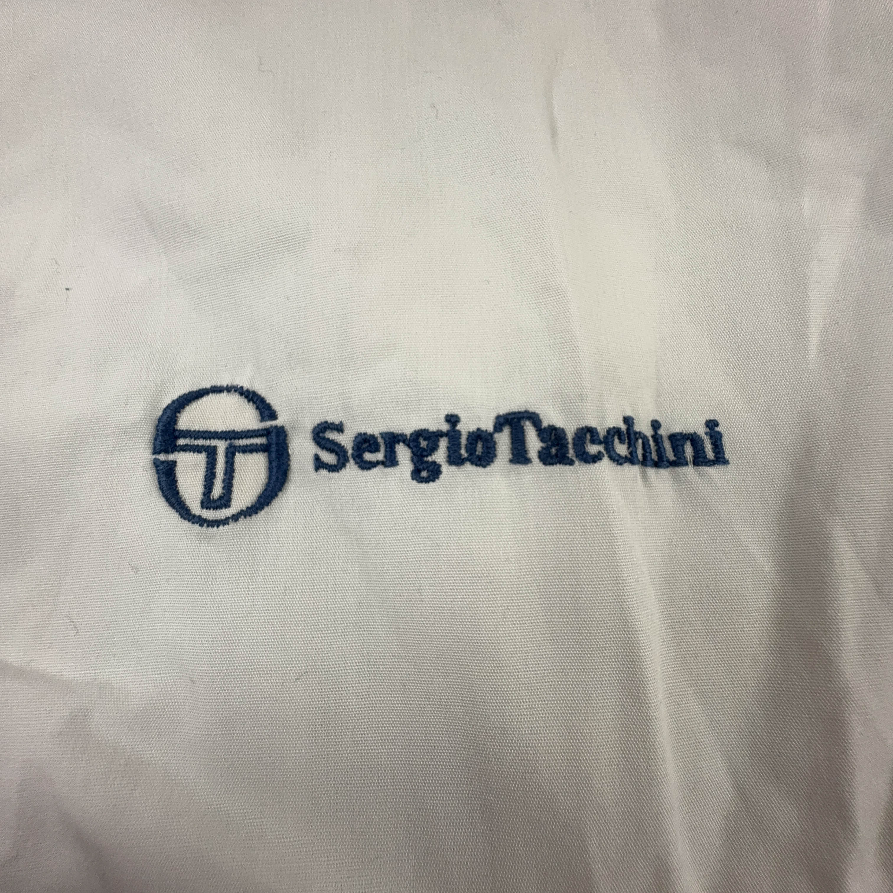 Giacca a vento Vintage Sergio Tacchini bianca e blu con zip anni 90 - Taglia XL uomo