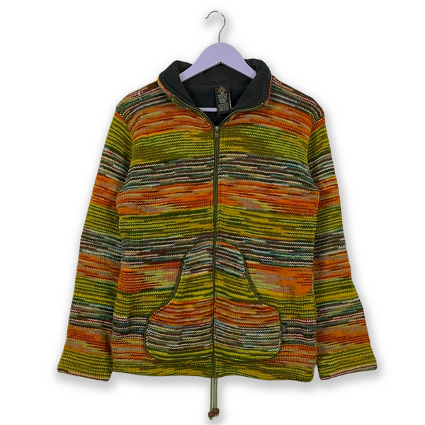 Maglione Vintage 100% lana foderato in pile arancione e verde con zip - Taglia M uomo