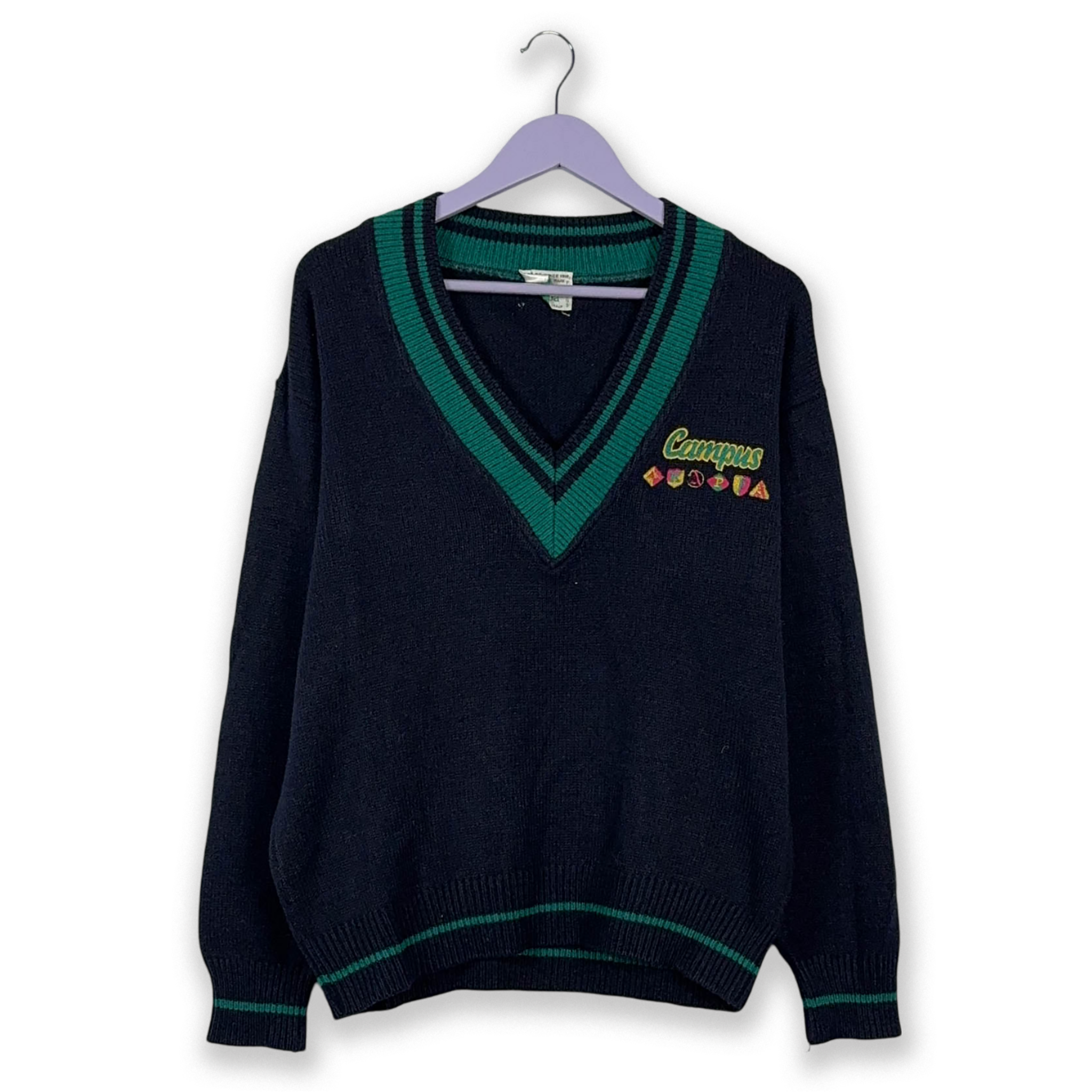 Maglione Kappa Vintage Campus 50% lana blu e verde con scollo a V - Taglia M/L uomo