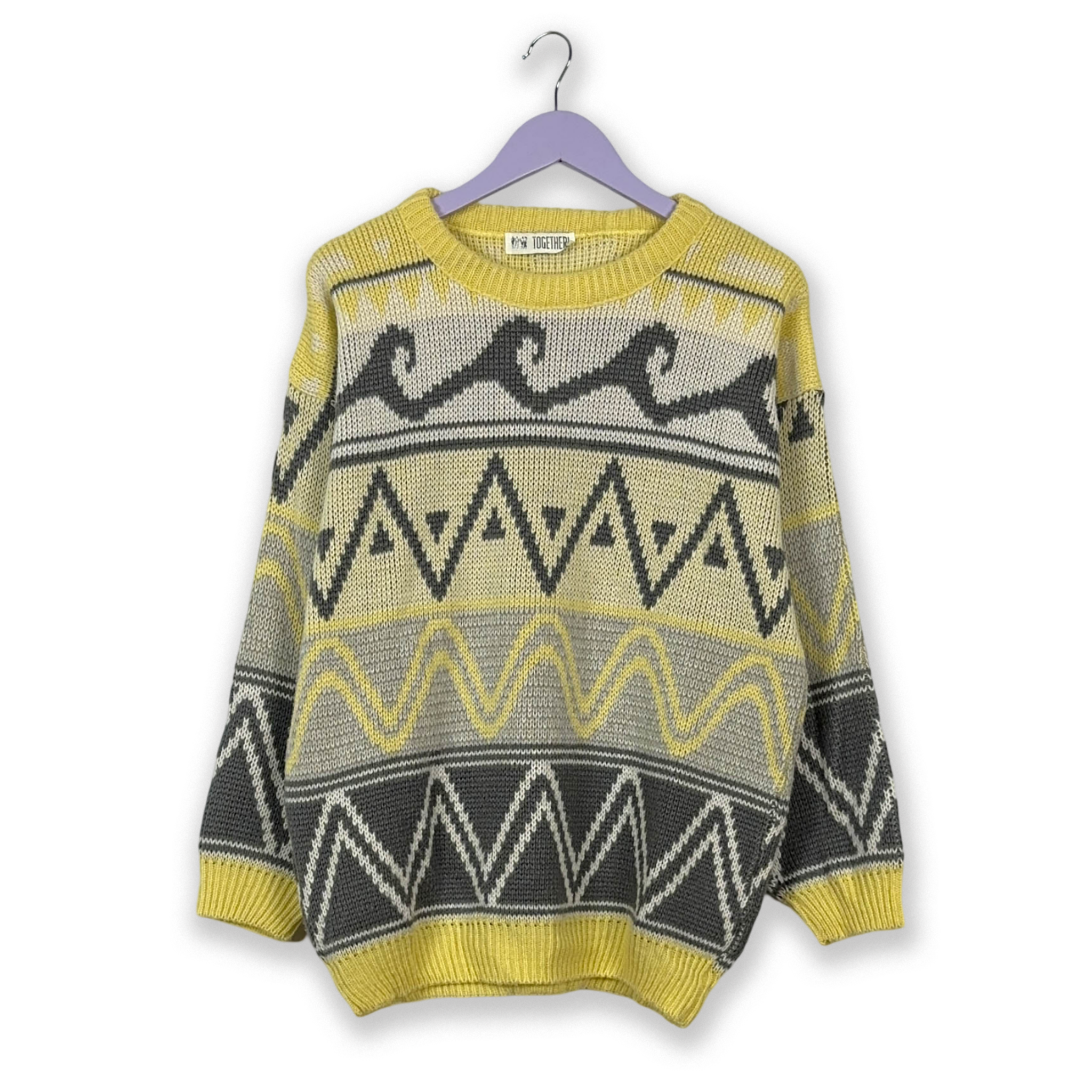 Maglione Vintage a a girocollo grigio e giallo 100% poliacrilico - Taglia  L uomo