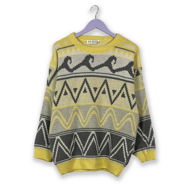 Maglione Vintage a a girocollo grigio e giallo 100% poliacrilico - Taglia  L uomo