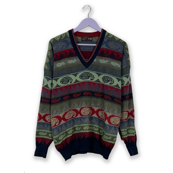 Maglione Vintage multicolore a fantasia misto lana con scollo a V - Taglia M/L uomo