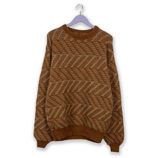 Maglione Vintage marrone a fantasia geometrica a girocollo - Taglia XL uomo