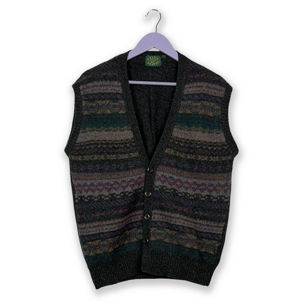 Gilet Vintage grigio scuro a righe multicolore 100% lana con bottoni - Taglia M/L uomo