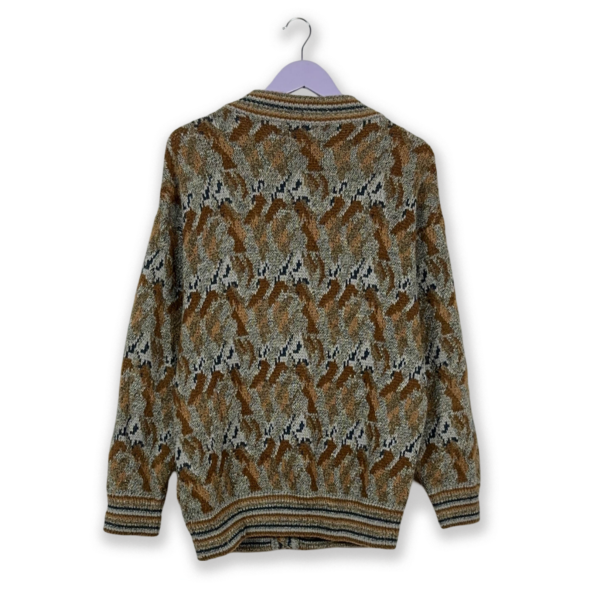 Cardigan Vintage 40% lana marrone a fantasia geometrica con bottoni - Taglia M uomo