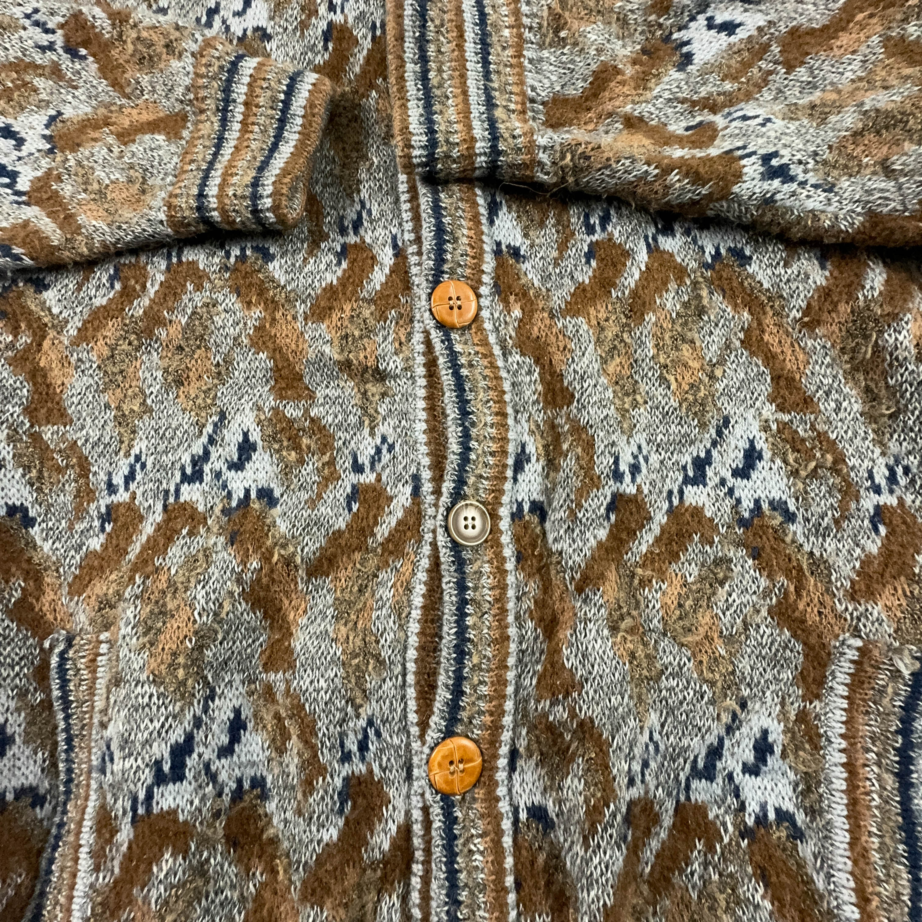 Cardigan Vintage 40% lana marrone a fantasia geometrica con bottoni - Taglia M uomo