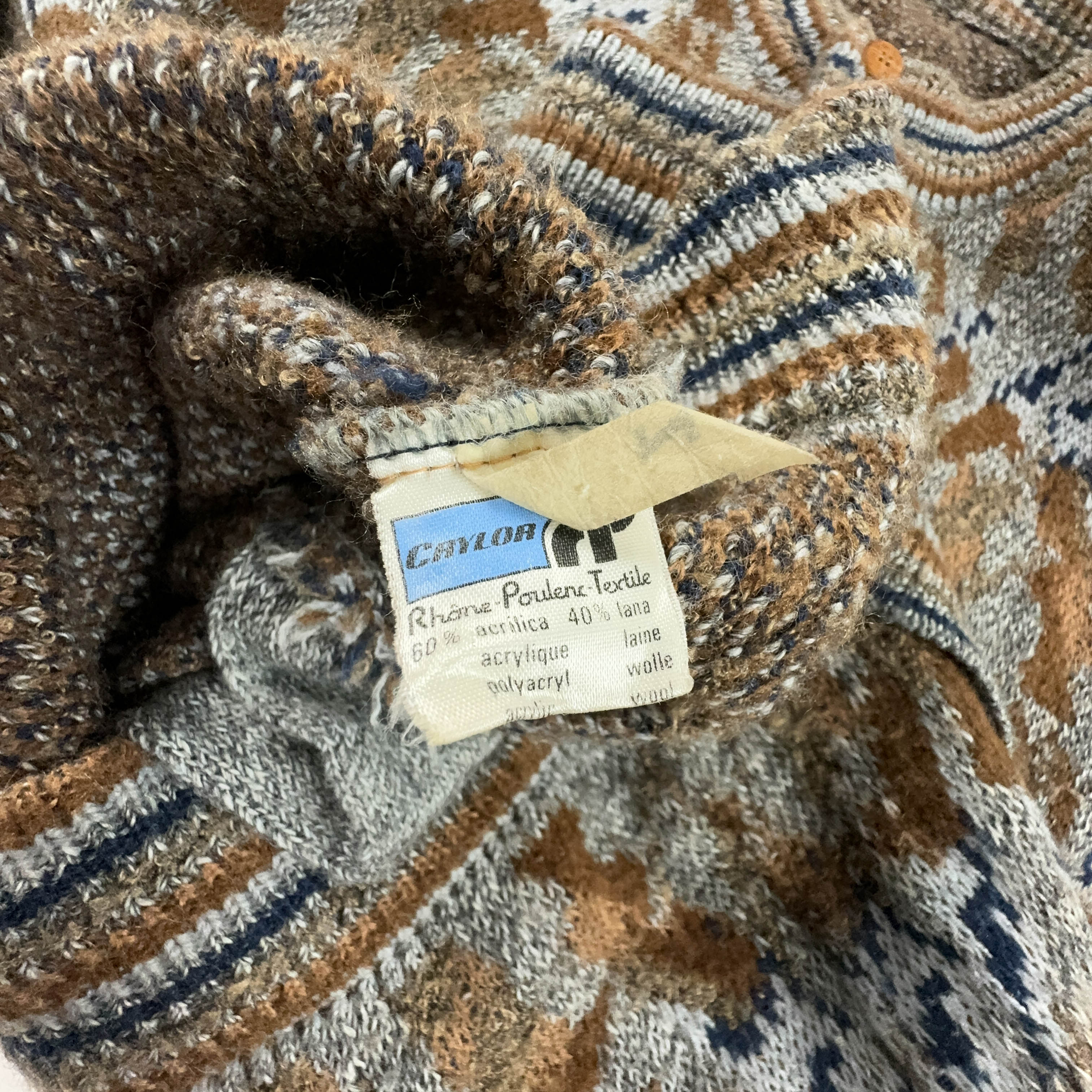 Cardigan Vintage 40% lana marrone a fantasia geometrica con bottoni - Taglia M uomo