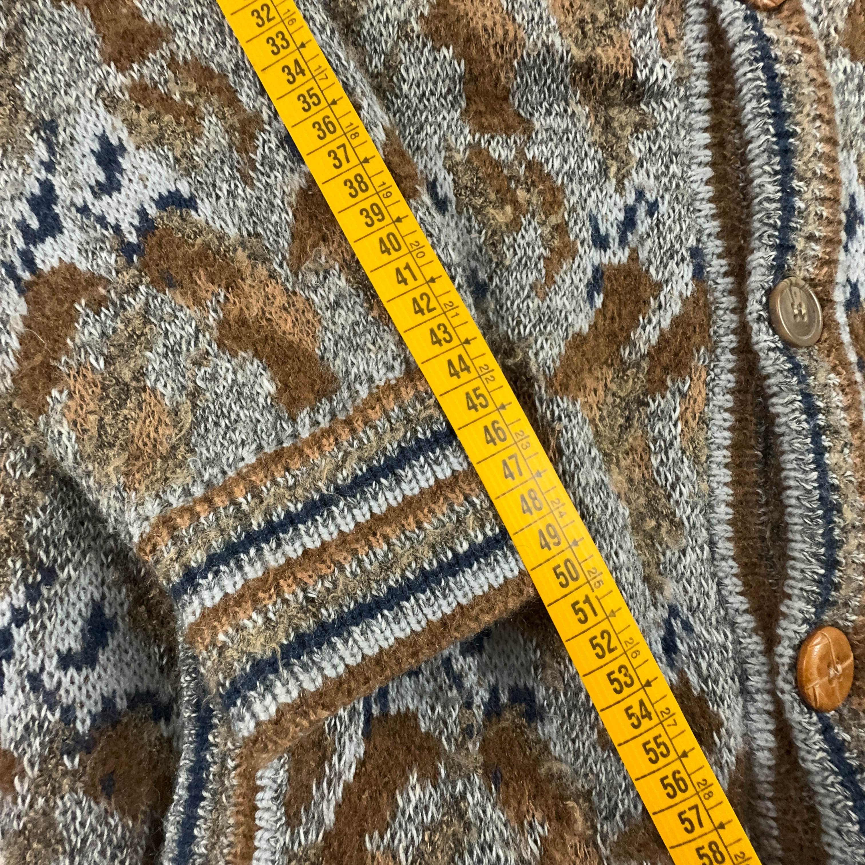 Cardigan Vintage 40% lana marrone a fantasia geometrica con bottoni - Taglia M uomo