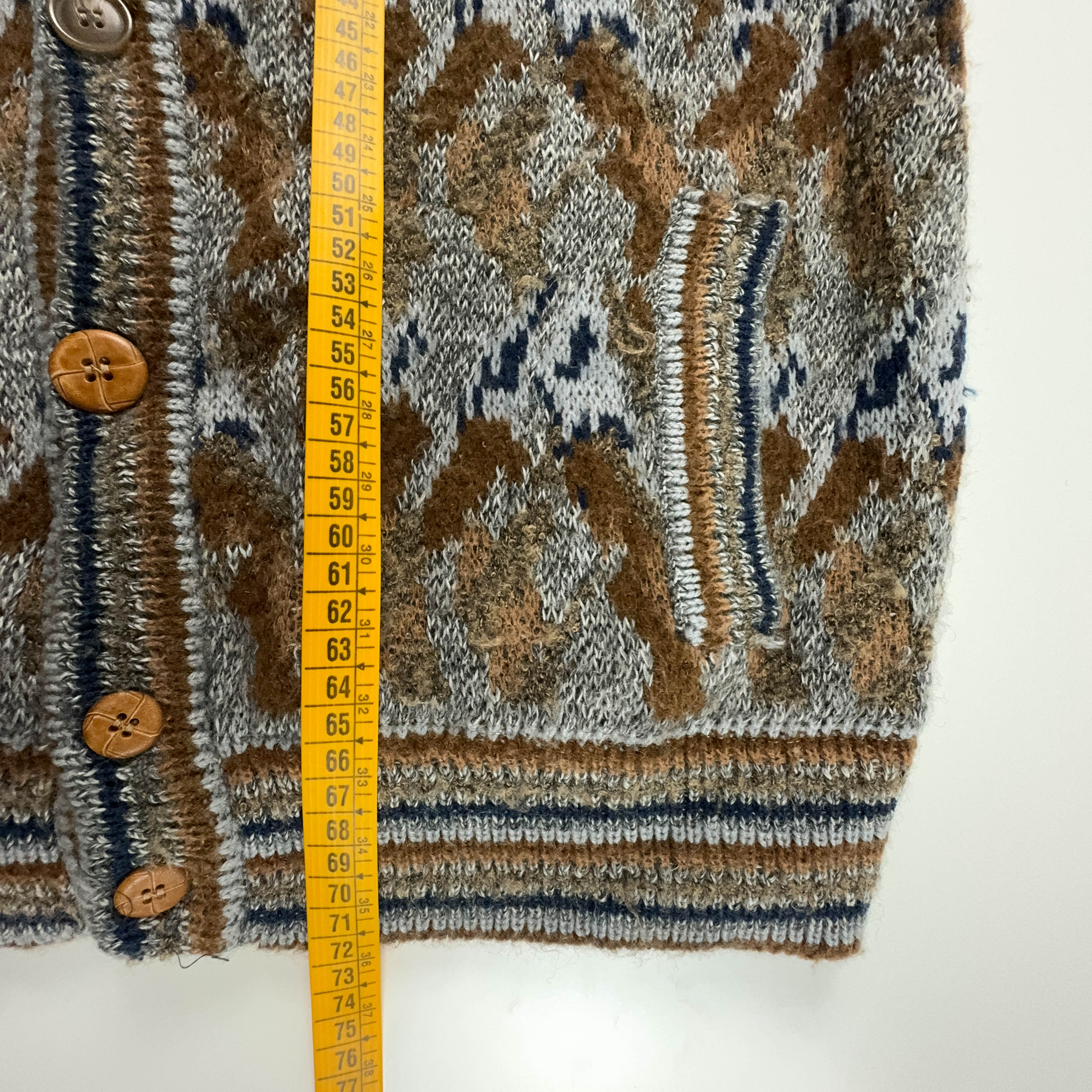 Cardigan Vintage 40% lana marrone a fantasia geometrica con bottoni - Taglia M uomo