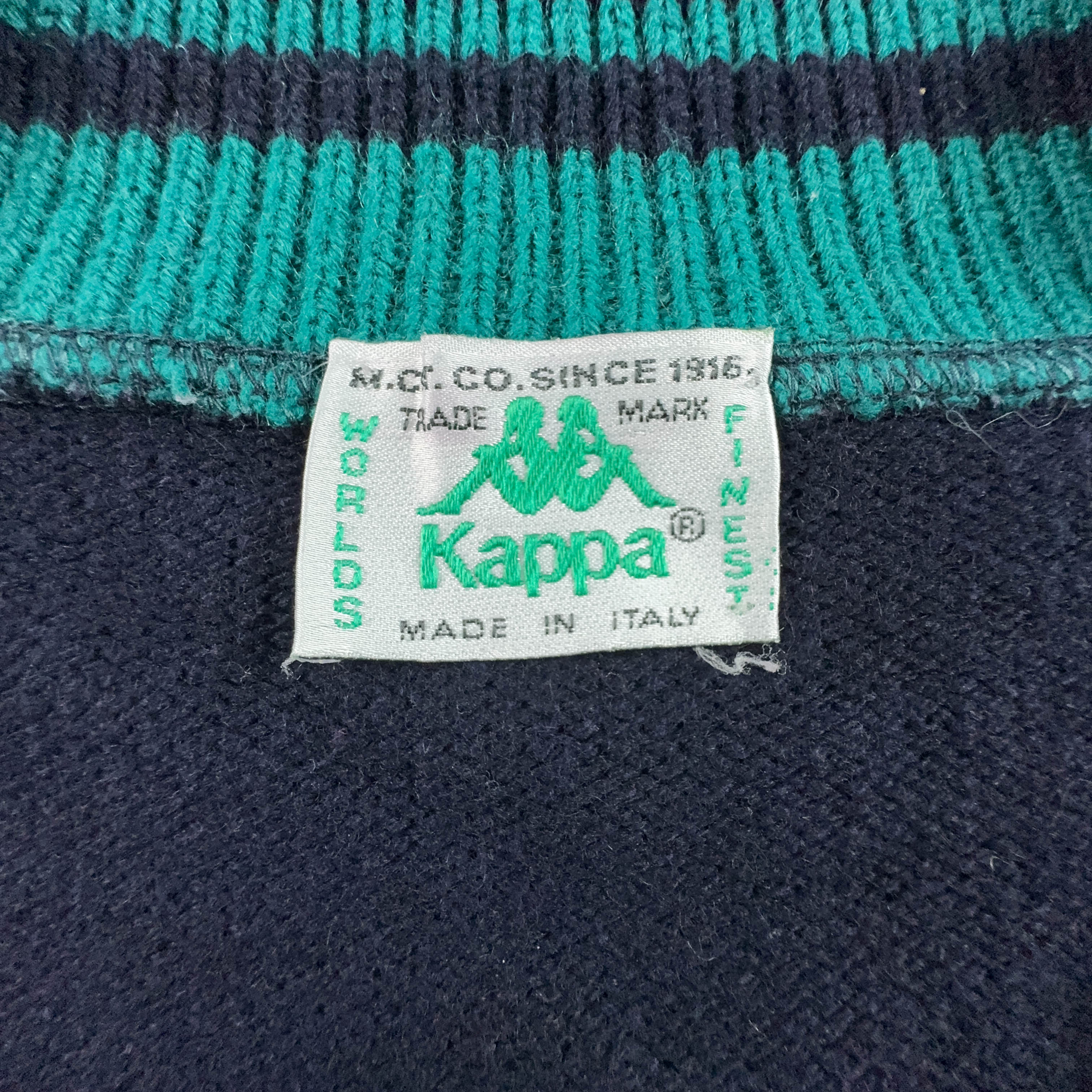 Maglione Kappa Vintage Campus 50% lana blu e verde con scollo a V - Taglia M/L uomo