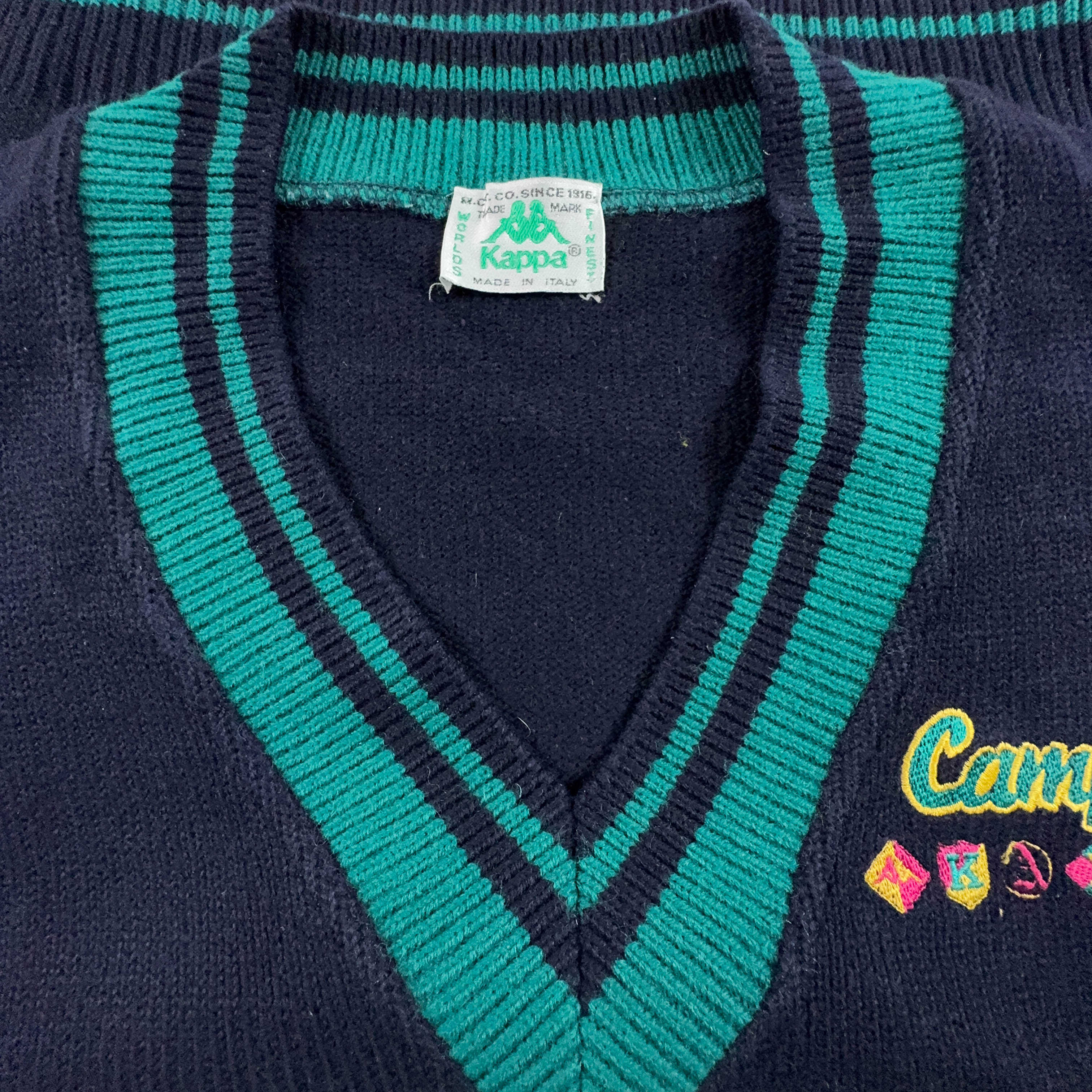 Maglione Kappa Vintage Campus 50% lana blu e verde con scollo a V - Taglia M/L uomo