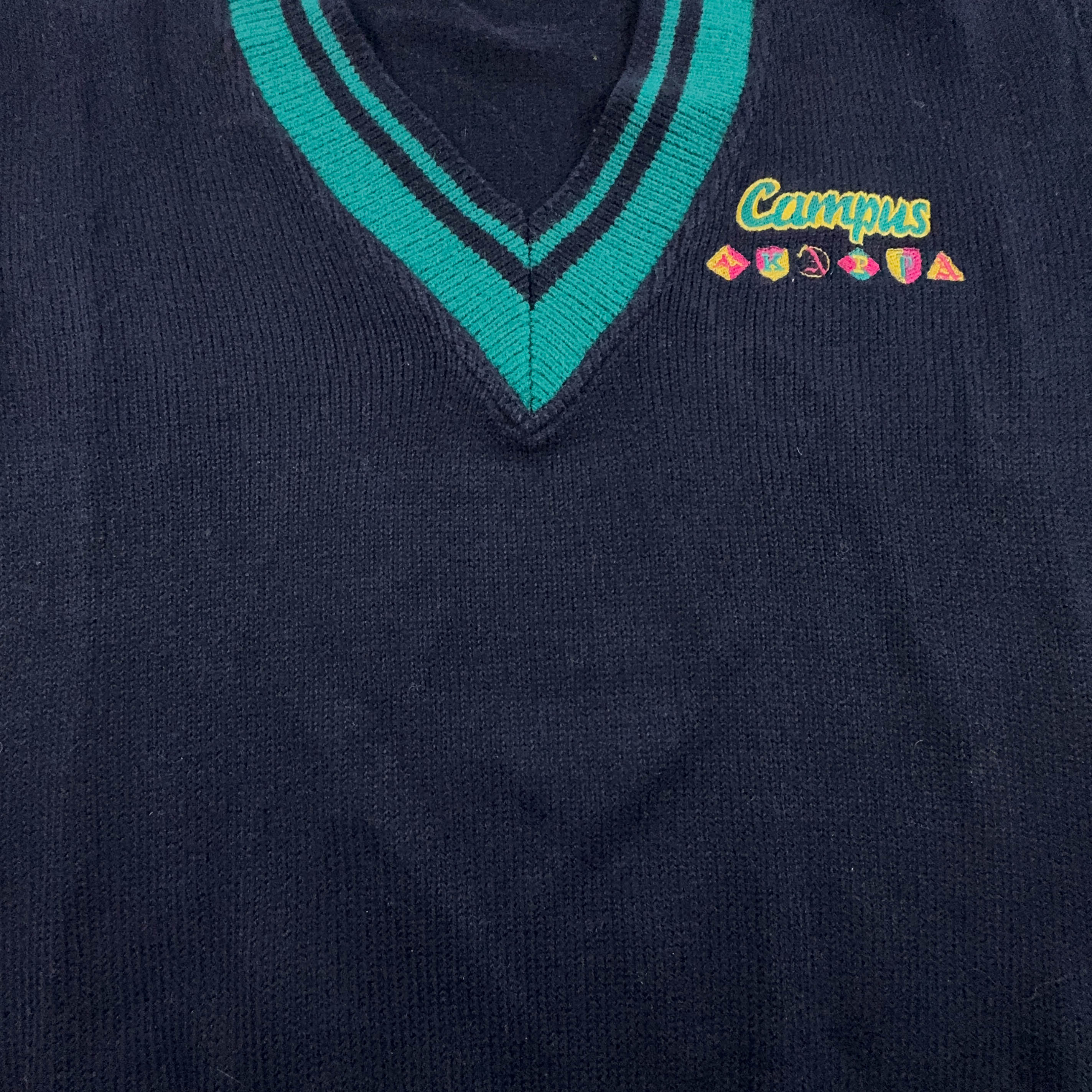 Maglione Kappa Vintage Campus 50% lana blu e verde con scollo a V - Taglia M/L uomo