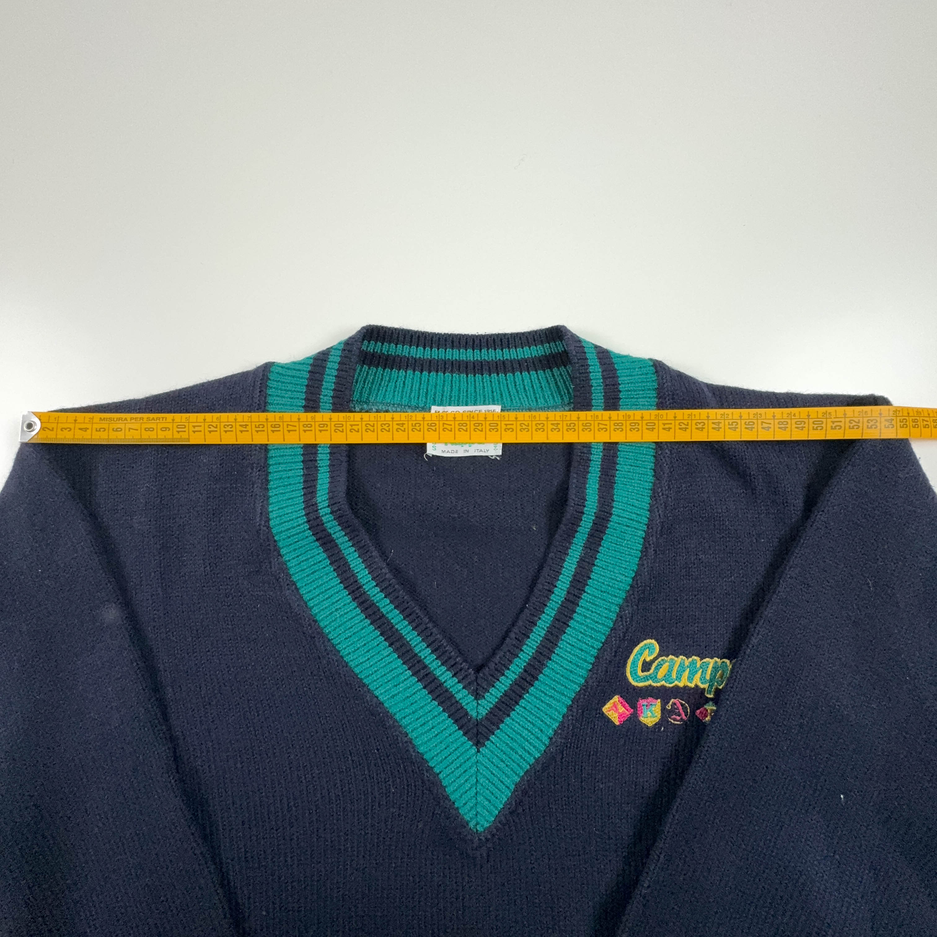 Maglione Kappa Vintage Campus 50% lana blu e verde con scollo a V - Taglia M/L uomo