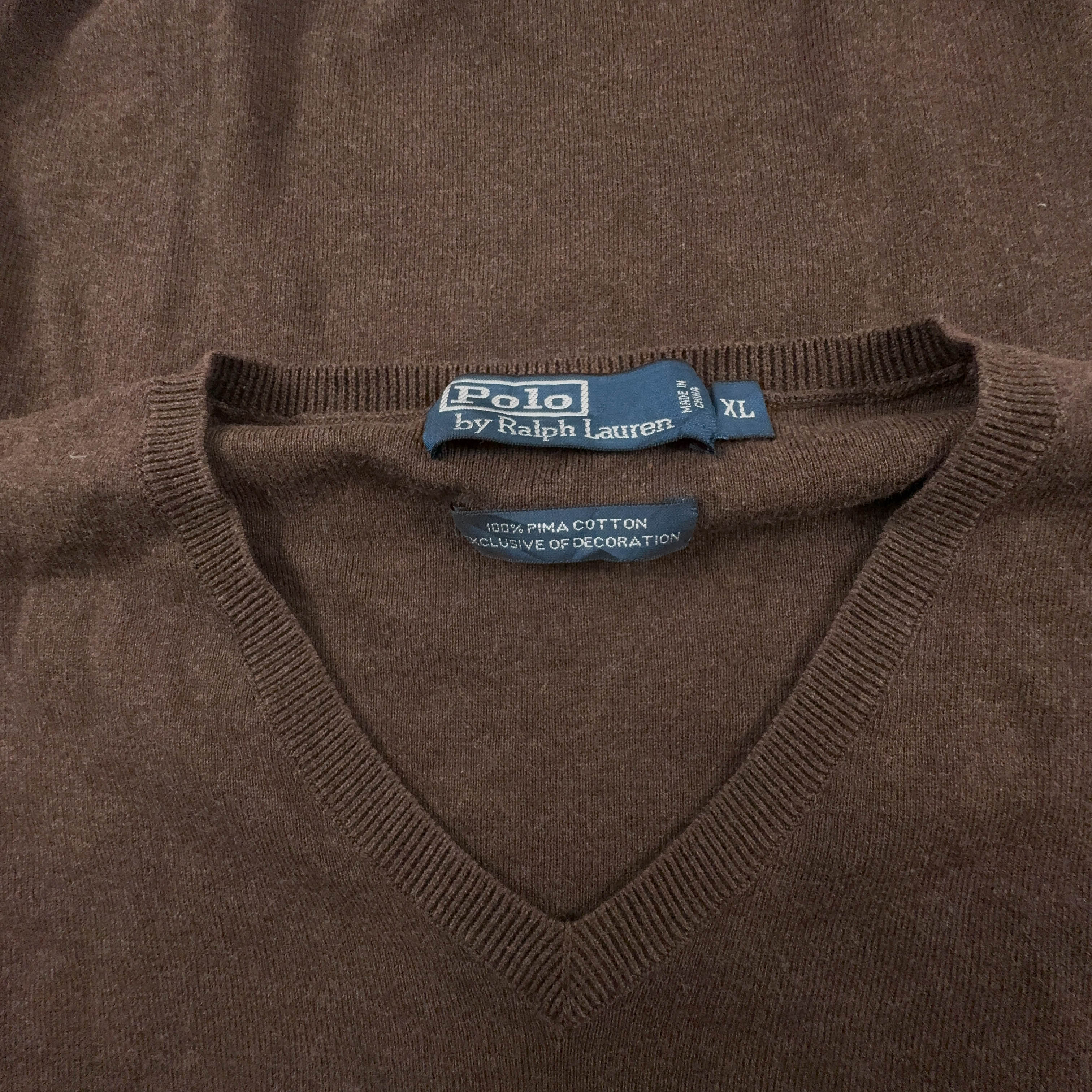 Maglione leggero Ralph Lauren marrone con scollo a V in cotone pima - Taglia L/XL uomo