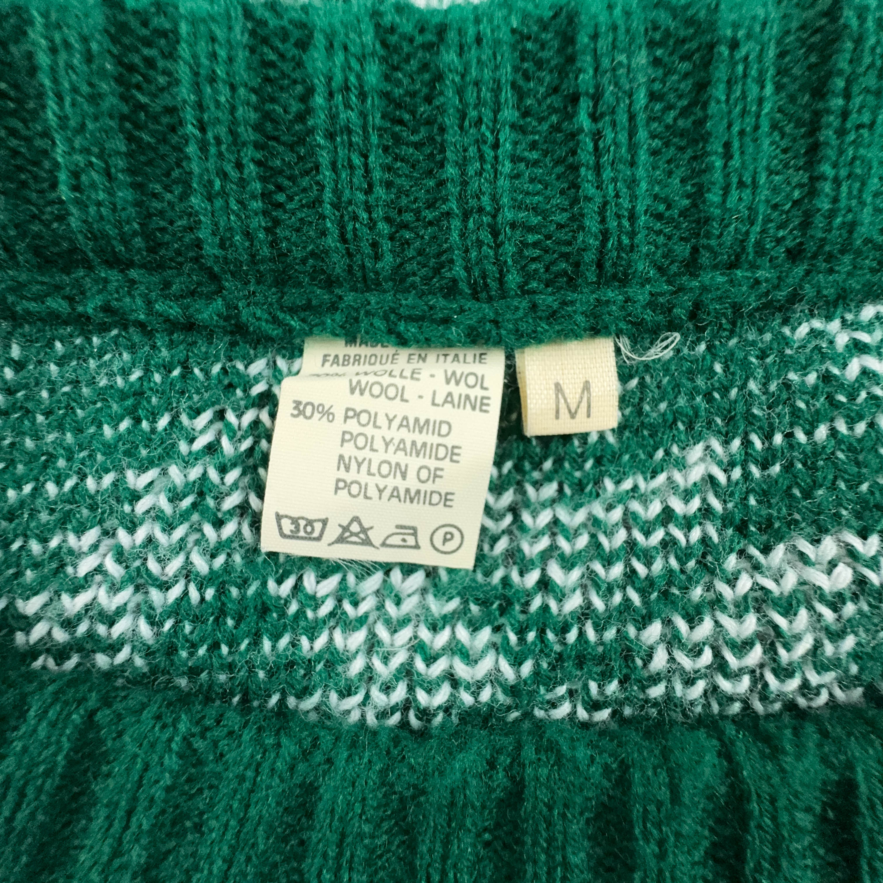 Maglione Vintage 70% lana verde e bianco a girocollo a fantasia geometrica - Taglia M uomo