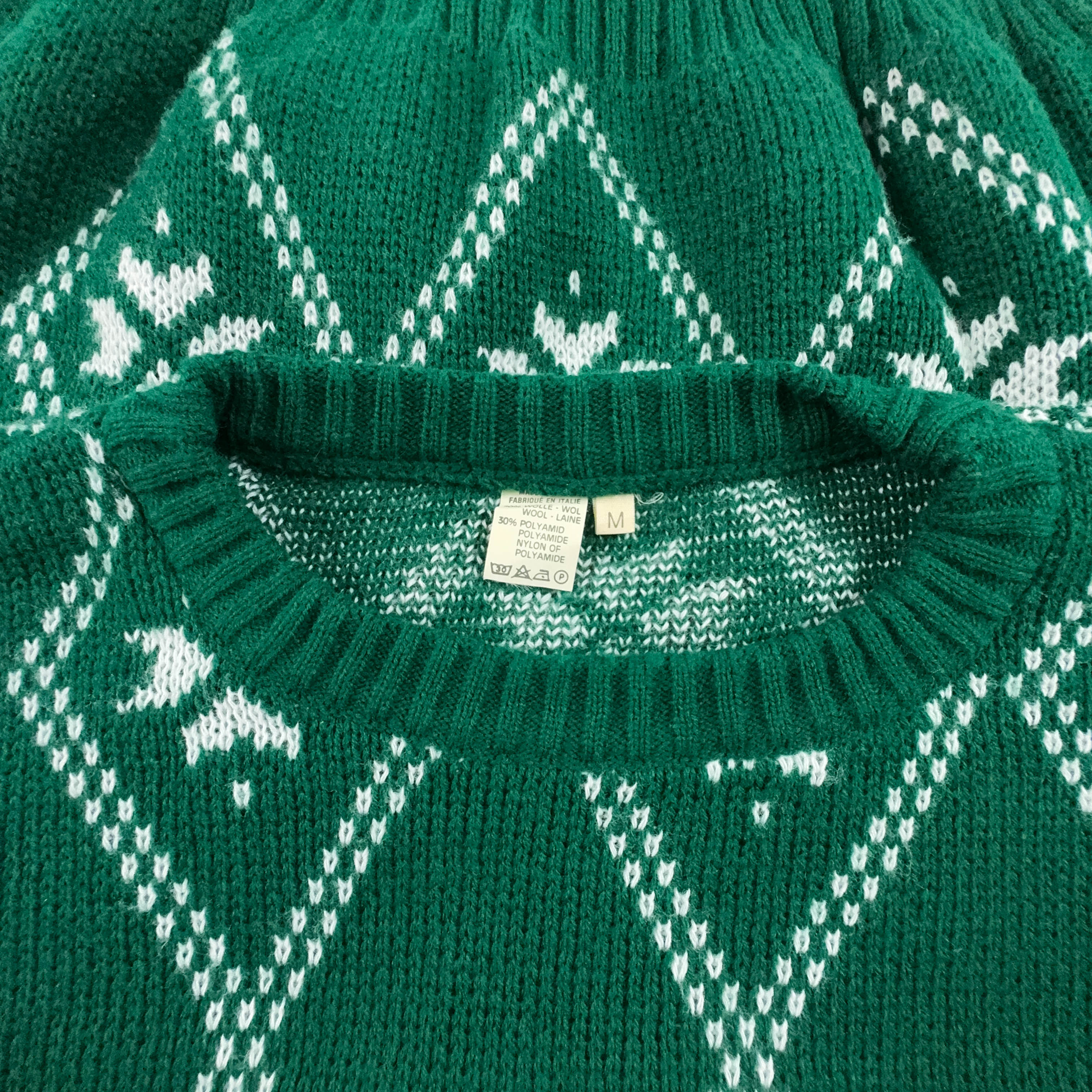 Maglione Vintage 70% lana verde e bianco a girocollo a fantasia geometrica - Taglia M uomo