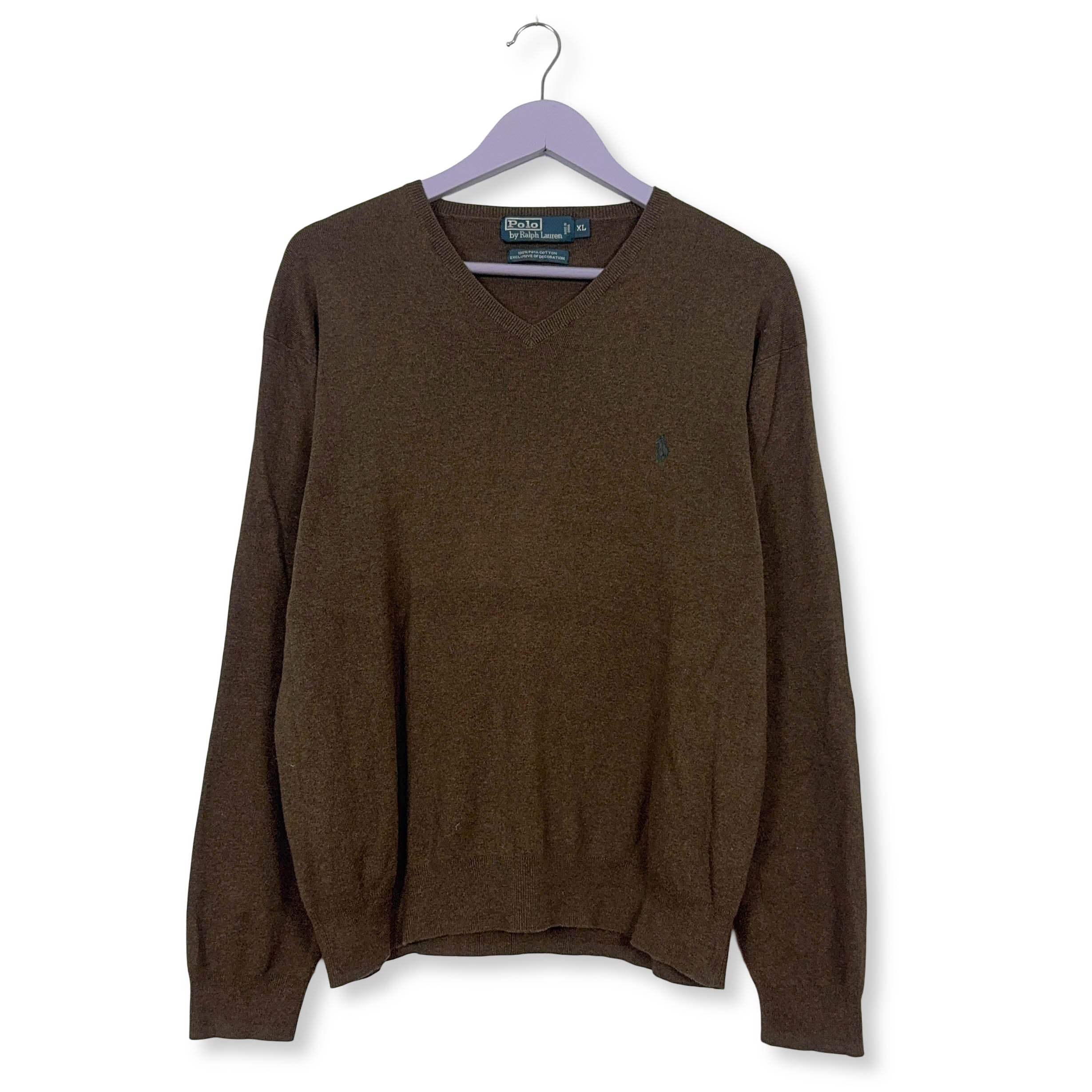 Maglione leggero Ralph Lauren marrone con scollo a V in cotone pima - Taglia L/XL uomo