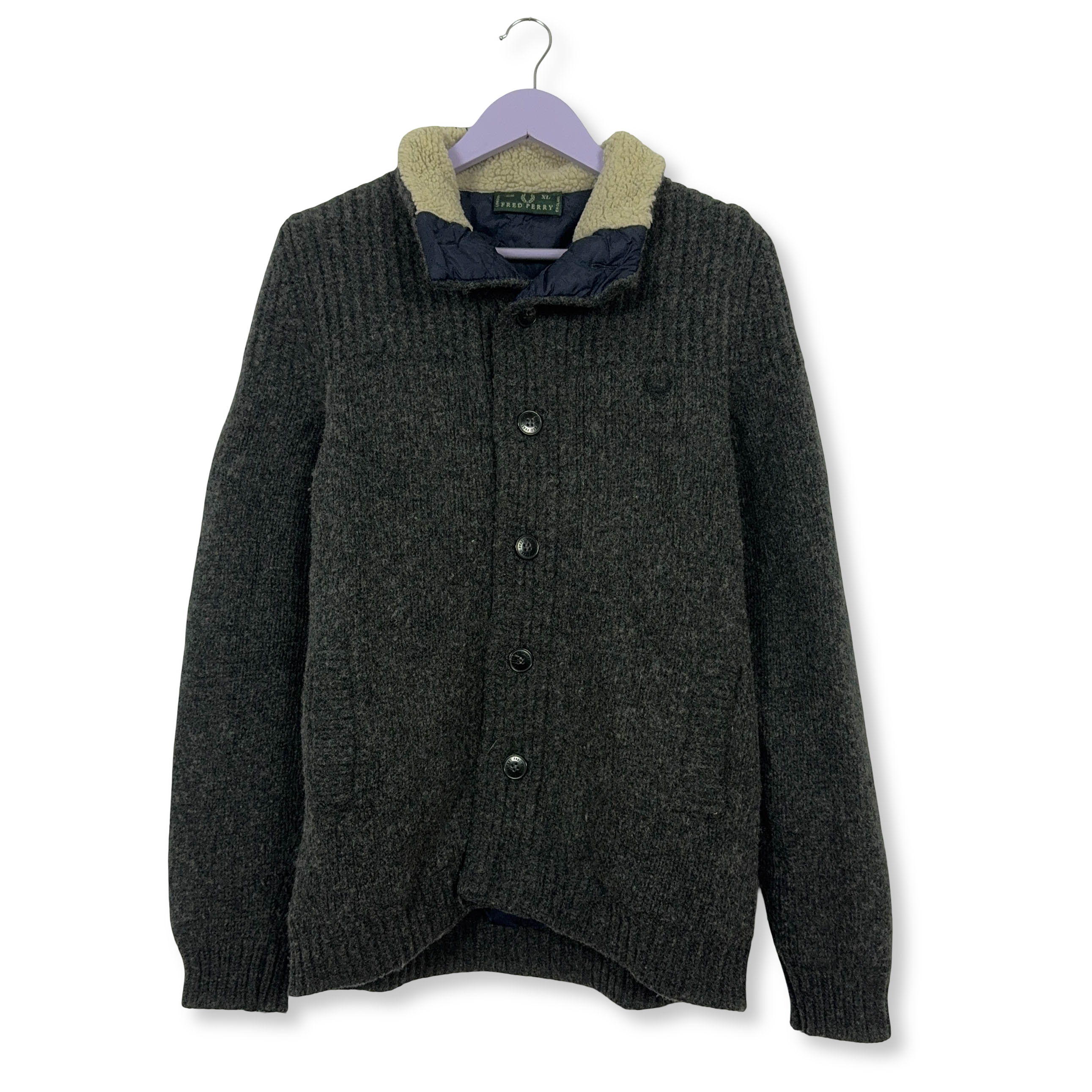 Maglione Fred Perry grigio foderato con bottoni 80% lana - Taglia L uomo