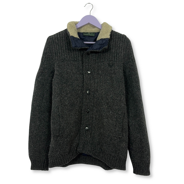 Maglione Fred Perry grigio foderato con bottoni 80% lana - Taglia L uomo