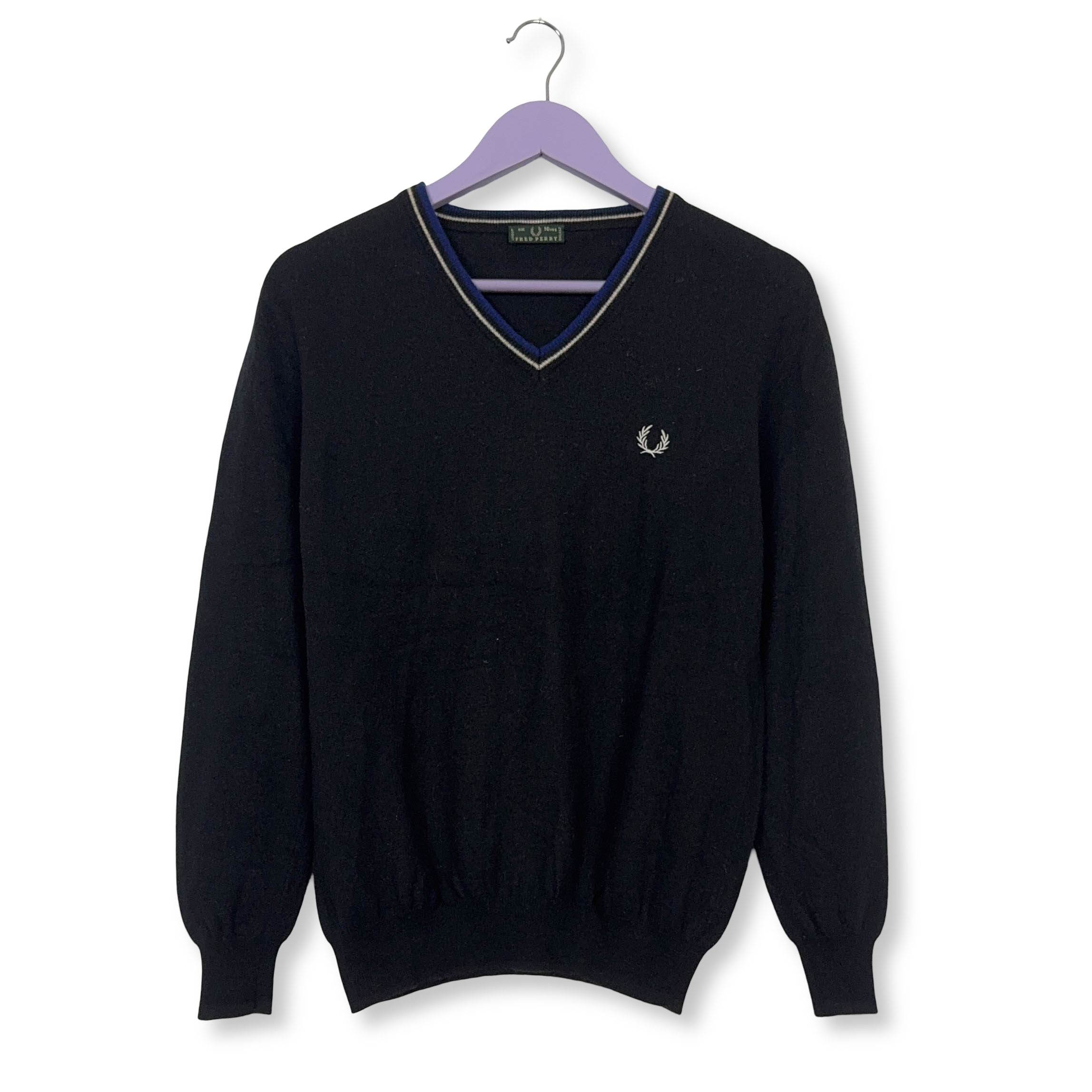 Maglione leggero Fred Perry nero con scollo a V 100% lana - Taglia XS/S uomo