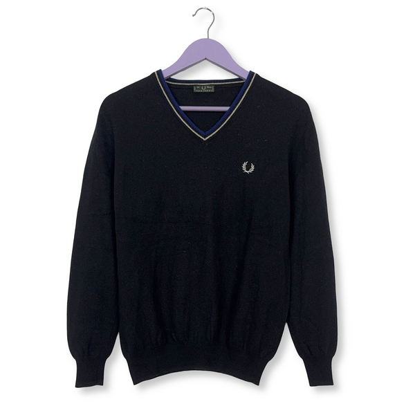 Maglione leggero Fred Perry nero con scollo a V 100% lana - Taglia XS/S uomo