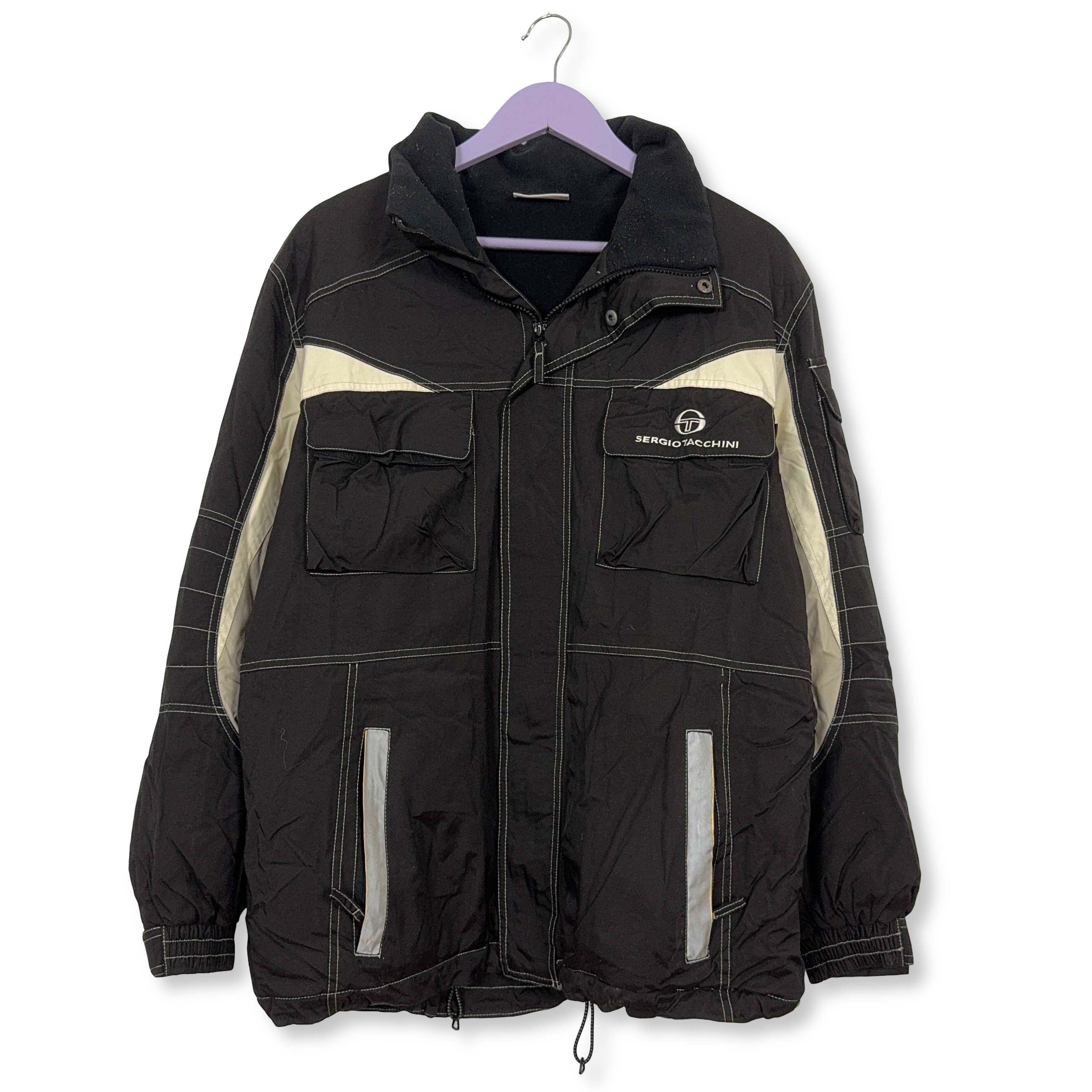 Giacca invernale Sergio Tacchini Vintage nera e bianca con tasche e zip anni 00 - Taglia L uomo