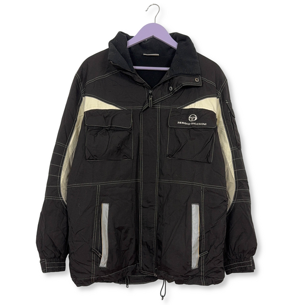 Giacca invernale Sergio Tacchini Vintage nera e bianca con tasche e zip anni 00 - Taglia L uomo
