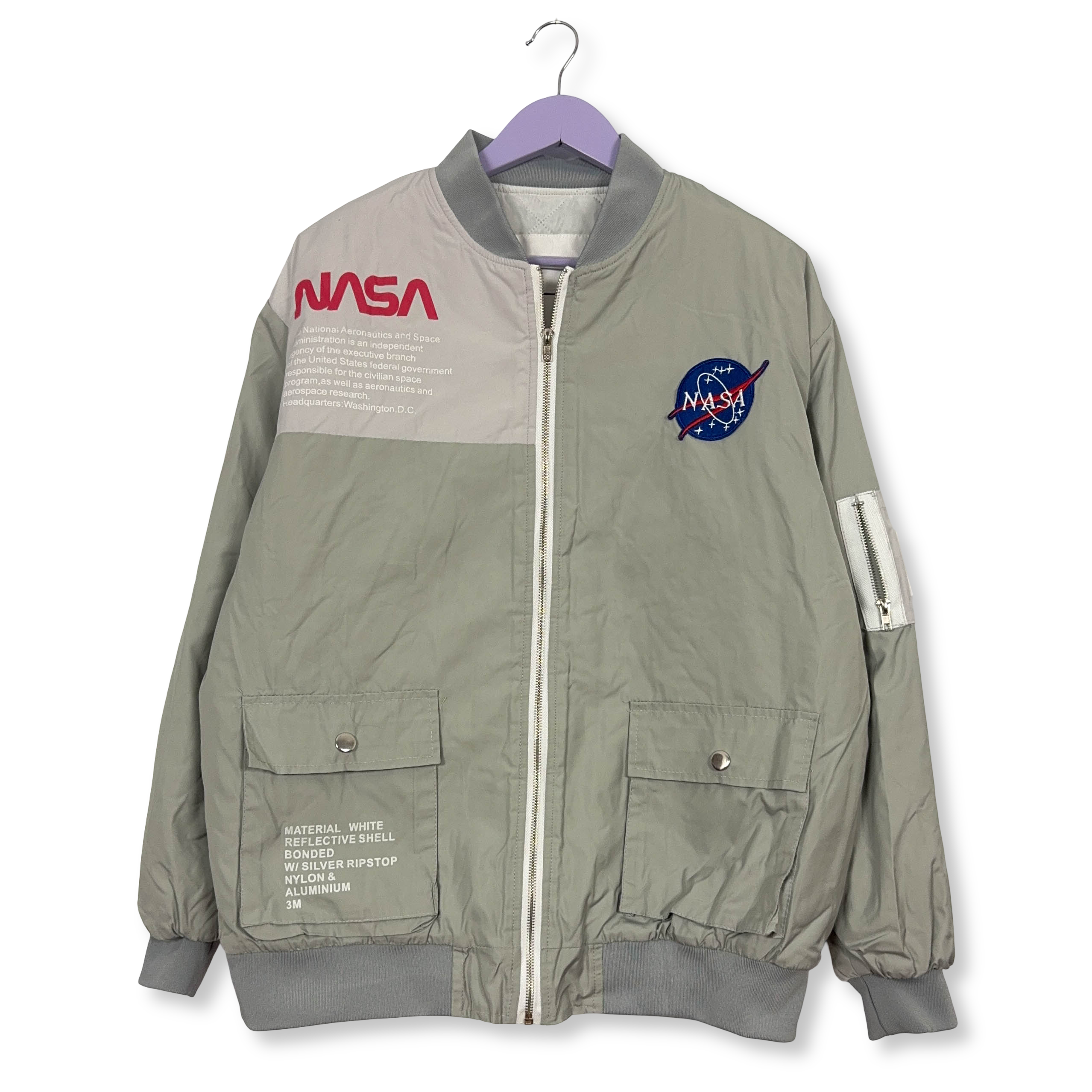 Bomber foderato Nasa grigio con zip stampe e ricamo - Taglia L uomo