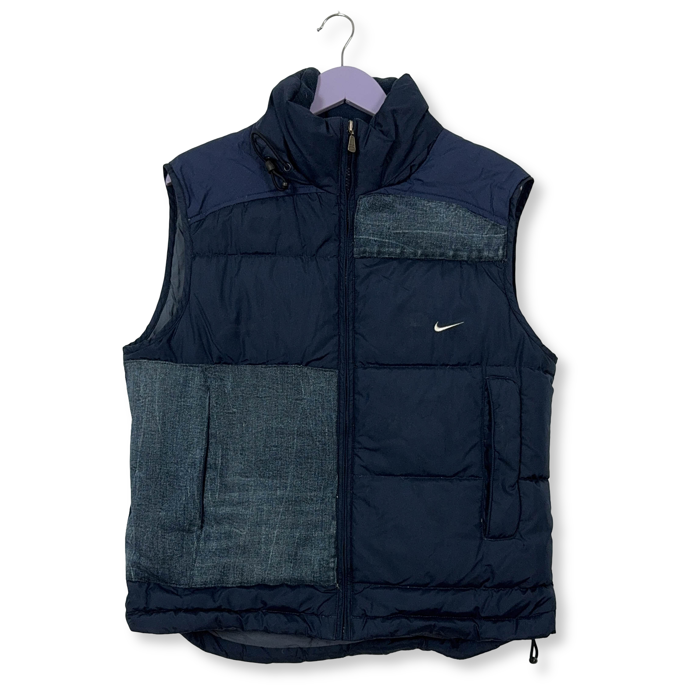 Giubbotto smanicato Nike Vintage foderato blu scuro in denim con zip e cappuccio anni 00 - Taglia S/M uomo