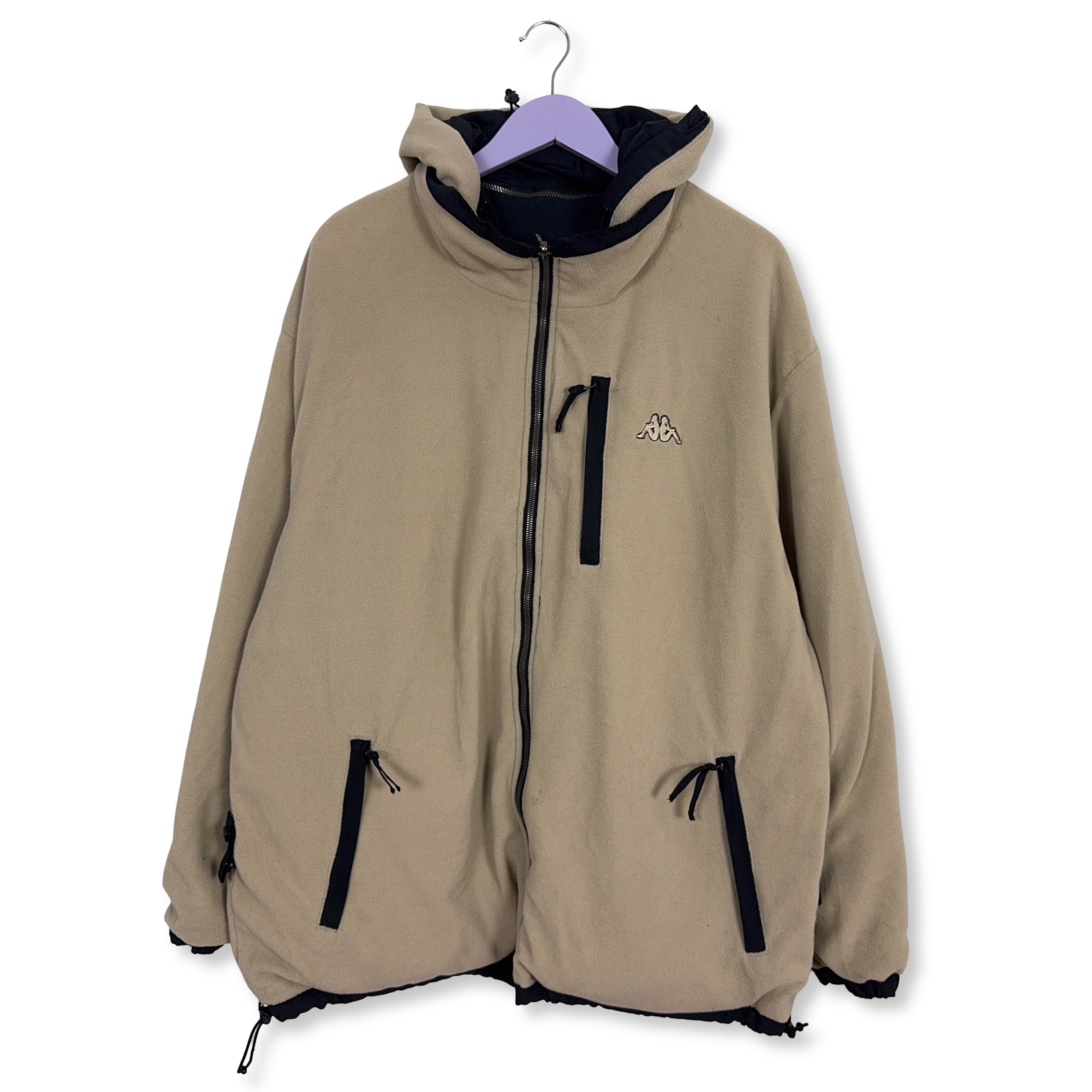 Giacca invernale Kappa Vintage Double Face nera e beige con cappuccio pile interno - Taglia L/XL uomo