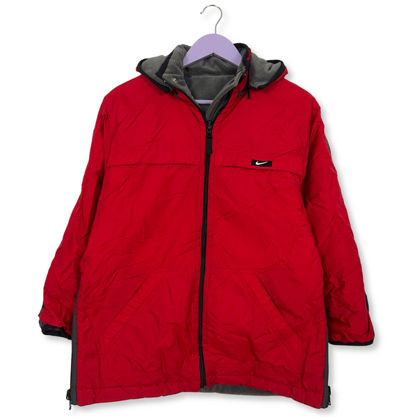 Giacca invernale Nike Vintage Double Face rossa e grigia con zip e cappuccio anni 00 - Taglia S uomo