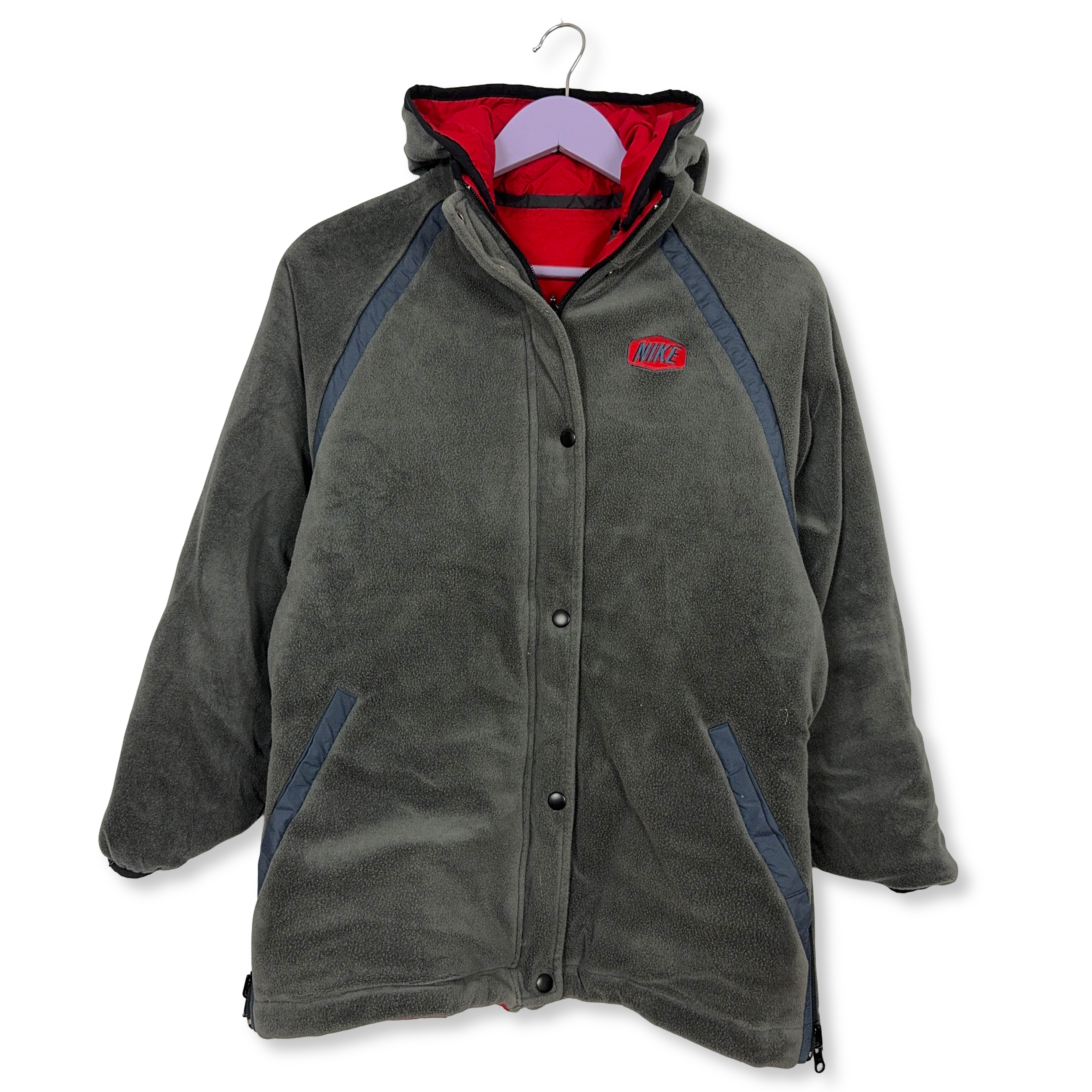 Giacca invernale Nike Vintage Double Face rossa e grigia con zip e cappuccio anni 00 - Taglia S uomo
