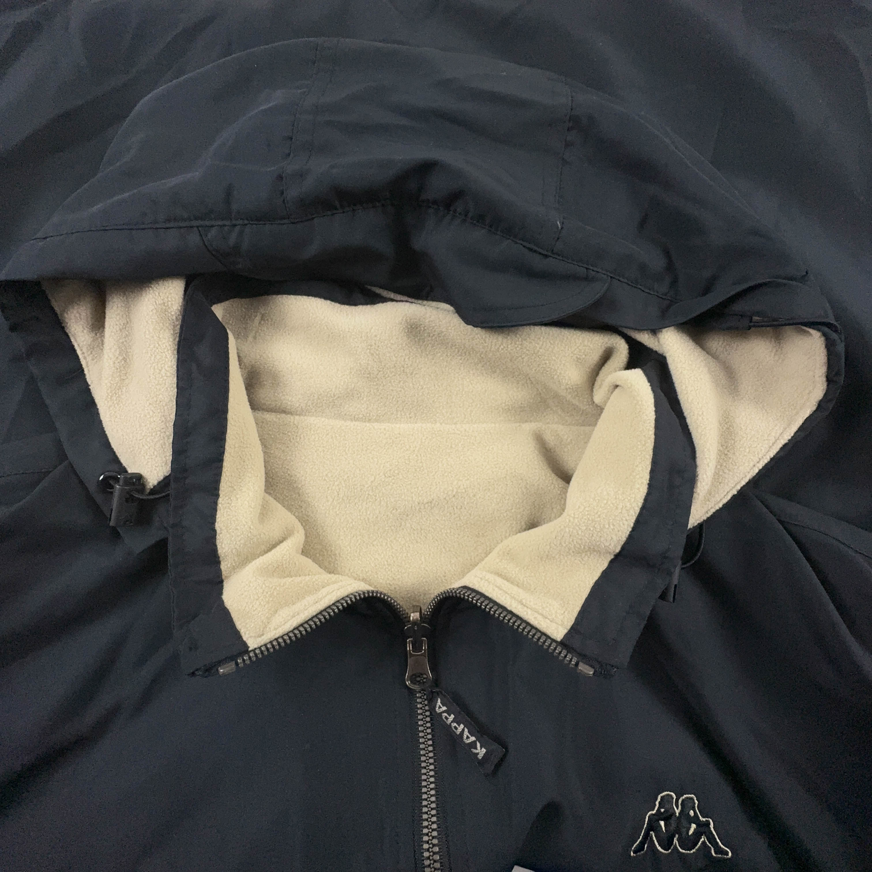 Giacca invernale Kappa Vintage Double Face nera e beige con cappuccio pile interno - Taglia L/XL uomo