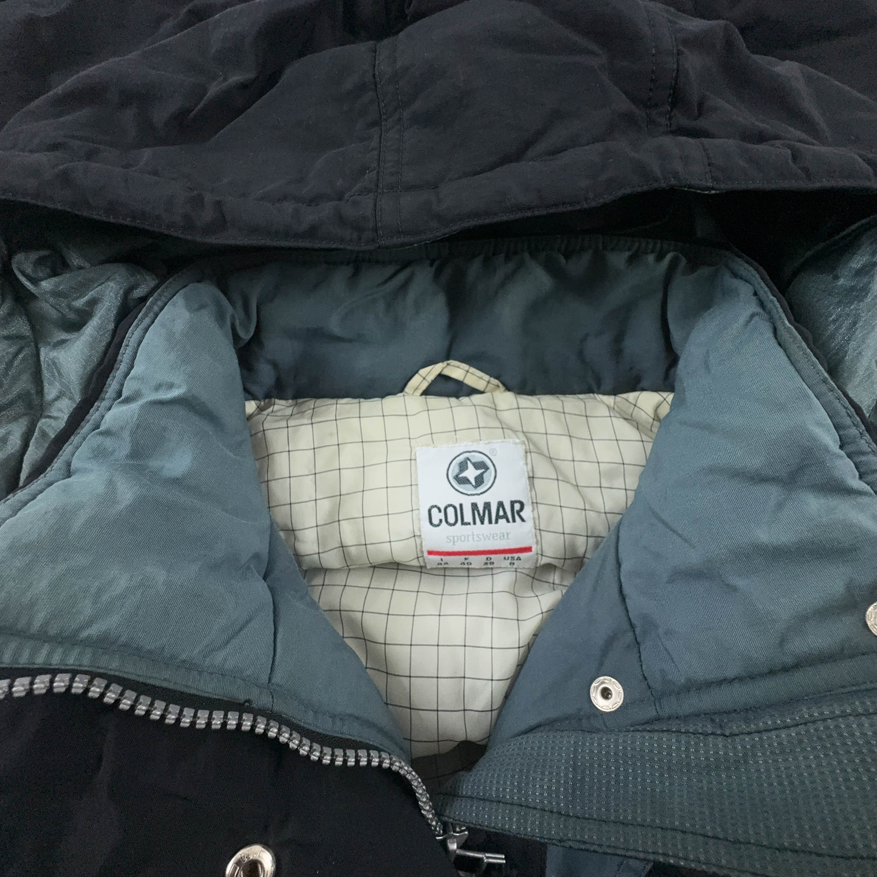 Giacca invernale Colmar Vintage blu e nera con bottoni e cappuccio anni 90 - Taglia I44 uomo