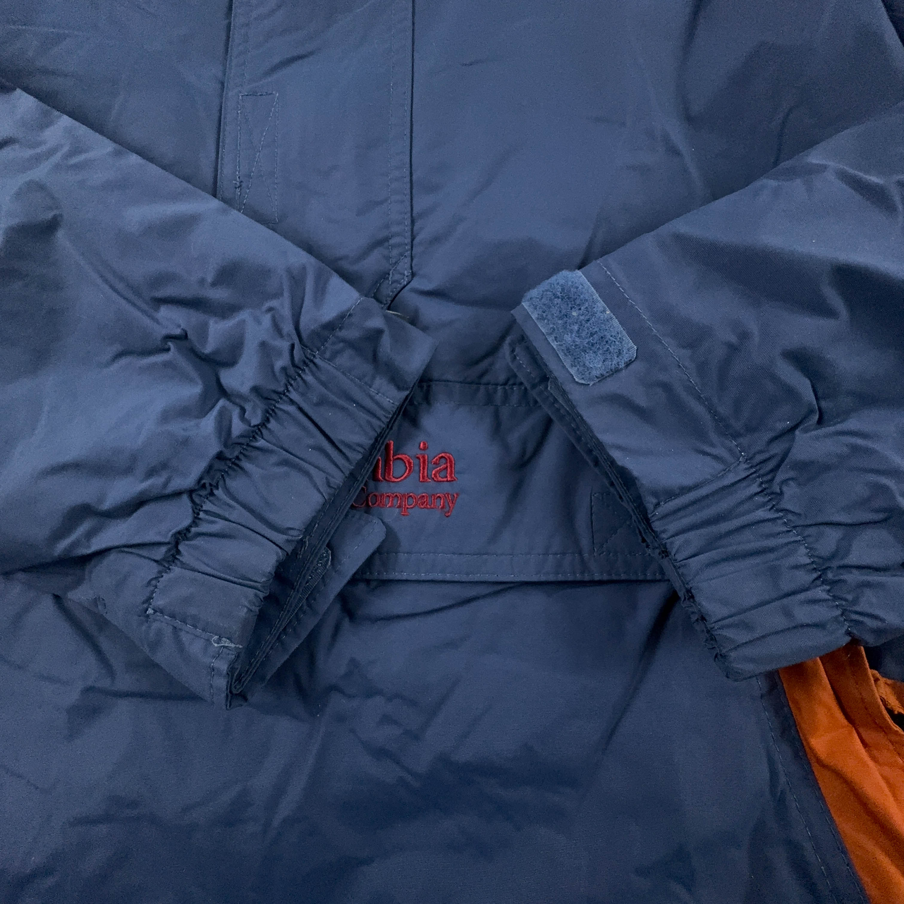 Giacca invernale Columbia blu e arancione con cappuccio e tasca frontale - Taglia S/M uomo