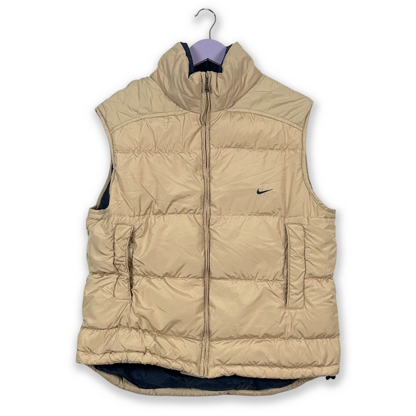 Piumino smanicato Nike Vintage beige con zip e logo blu ricamato - Taglia L uomo