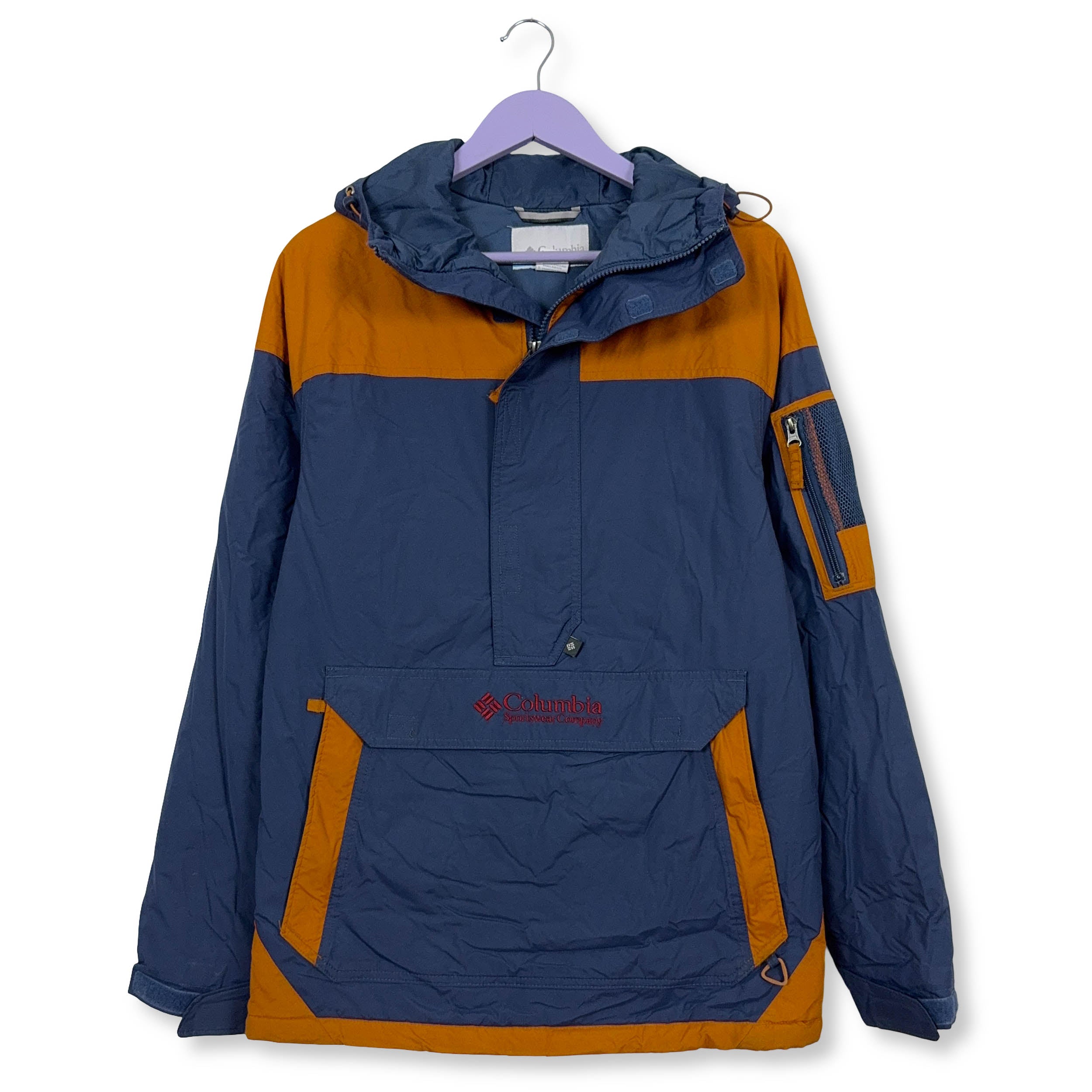 Giacca invernale Columbia blu e arancione con cappuccio e tasca frontale - Taglia S/M uomo