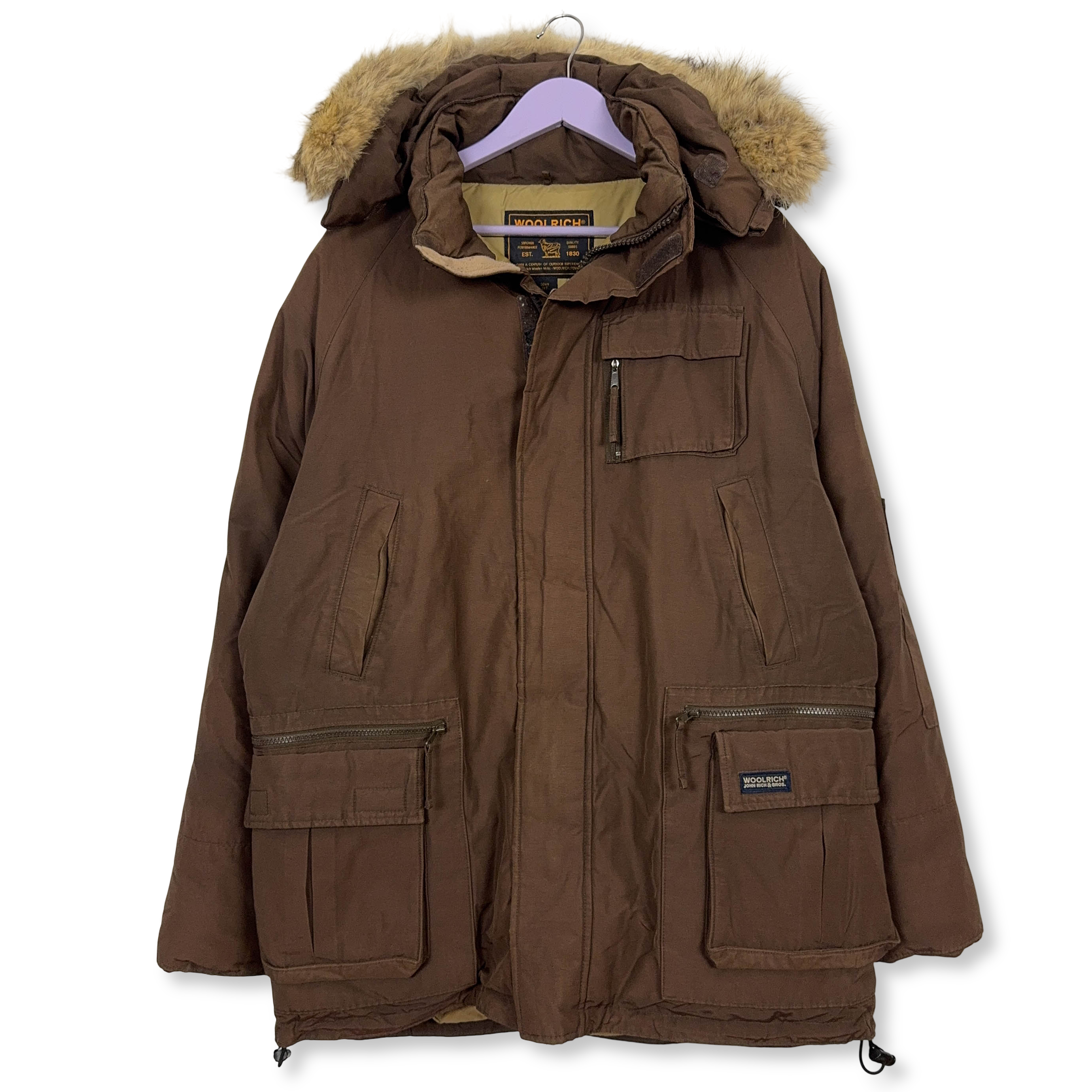 Giubbotto invernale Woolrich marrone con cappuccio e zip - Taglia L uomo