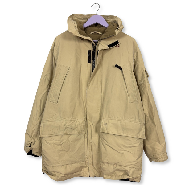 Giacca invernale Timberland Vintage beige con cappuccio e tasche anni 00 - Taglia M/L uomo
