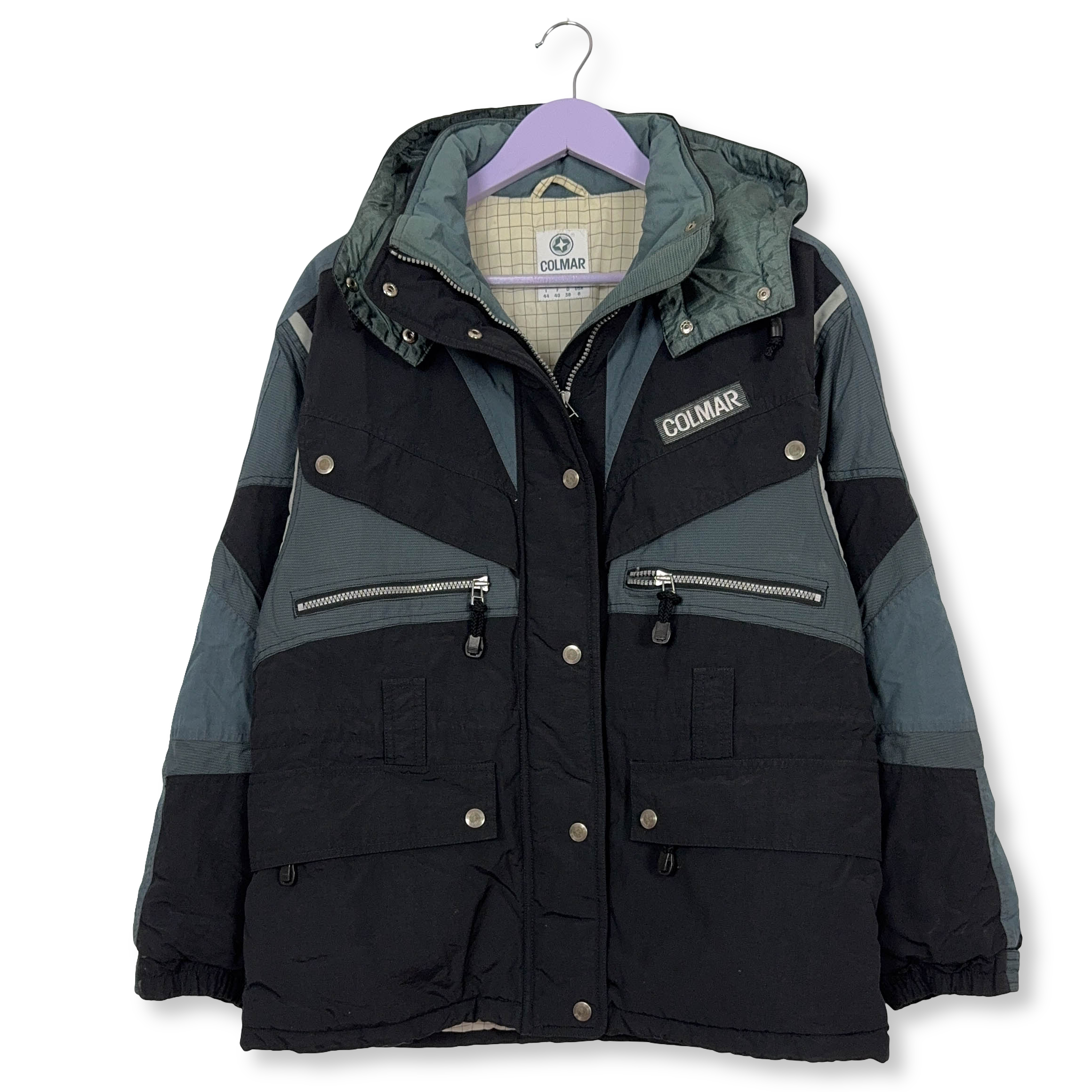 Giacca invernale Colmar Vintage blu e nera con bottoni e cappuccio anni 90 - Taglia I44 uomo