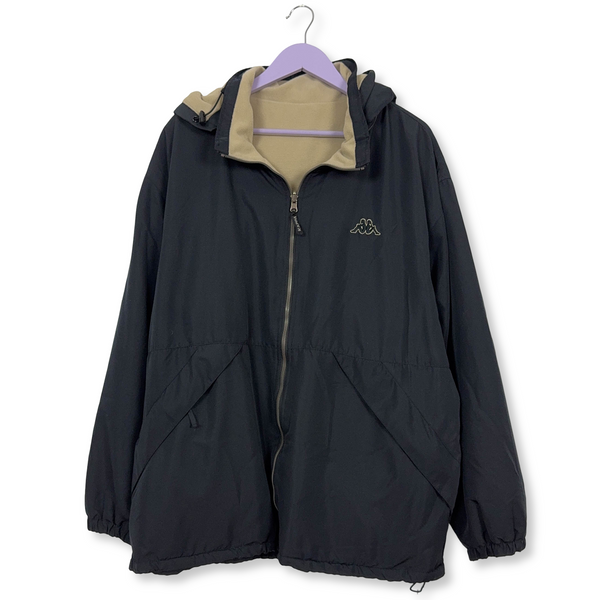 Giacca invernale Kappa Vintage Double Face nera e beige con cappuccio pile interno - Taglia L/XL uomo