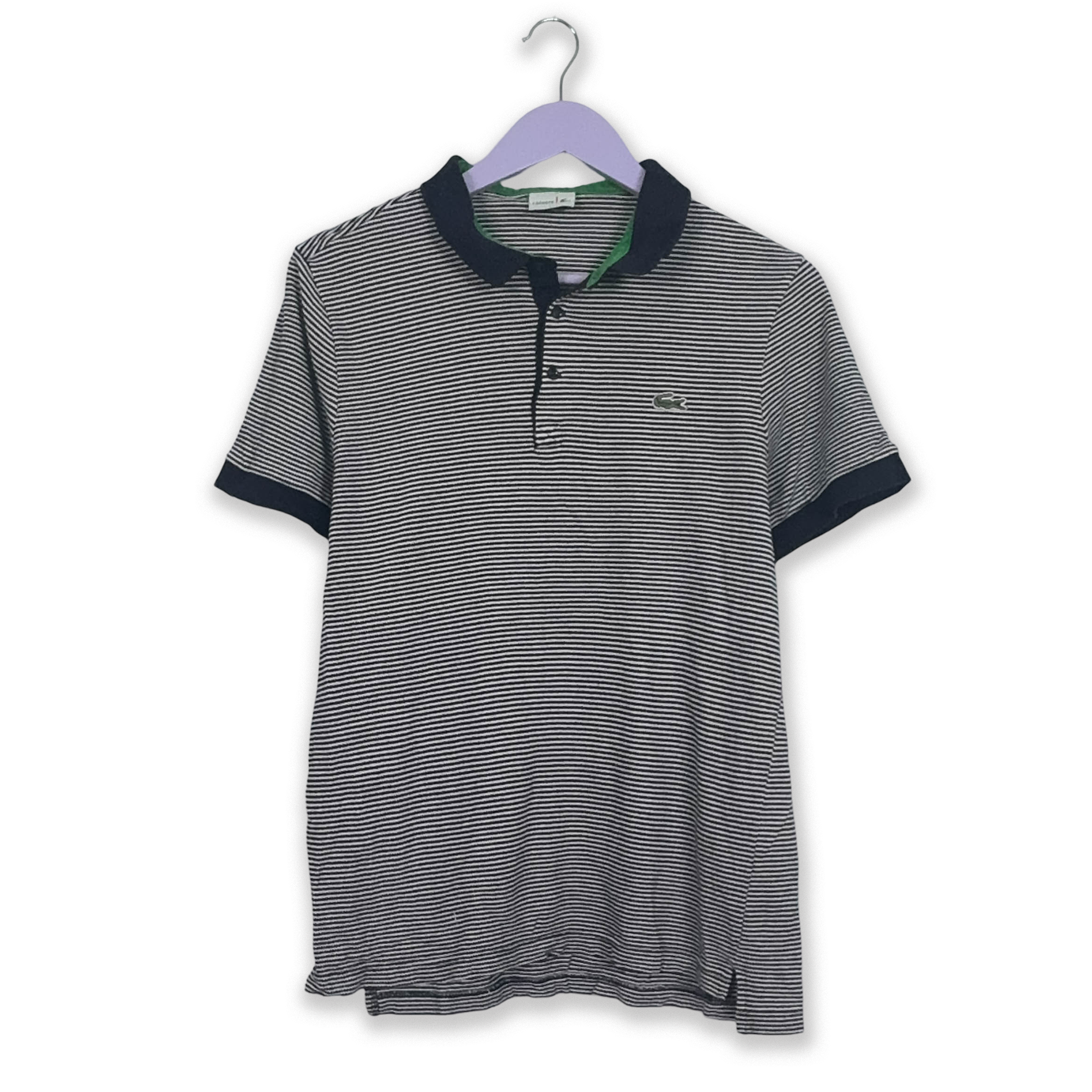 Lacoste Polo Shirt in White and Dark Blue Stripes - Men's Size 5