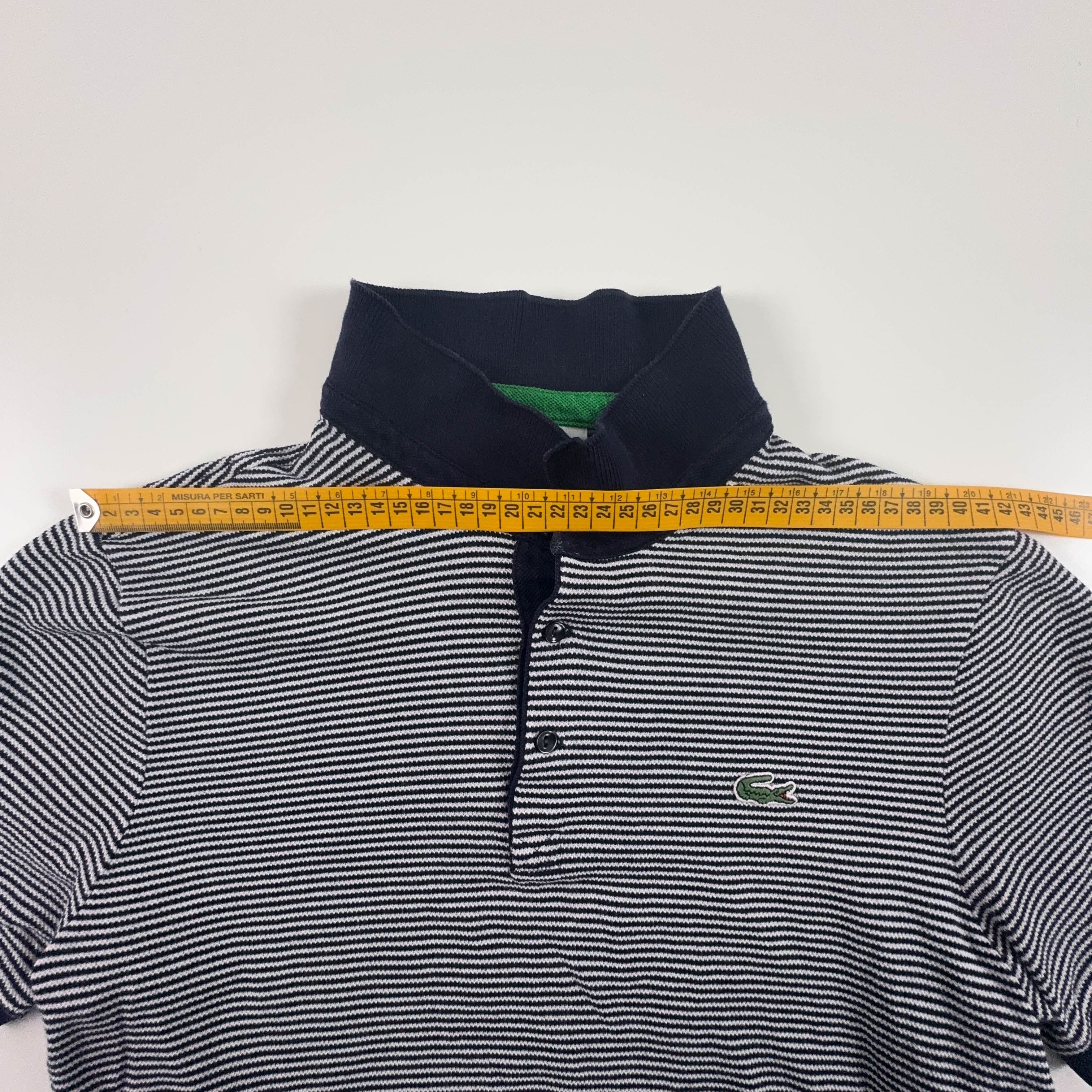 Lacoste Polo Shirt in White and Dark Blue Stripes - Men's Size 5