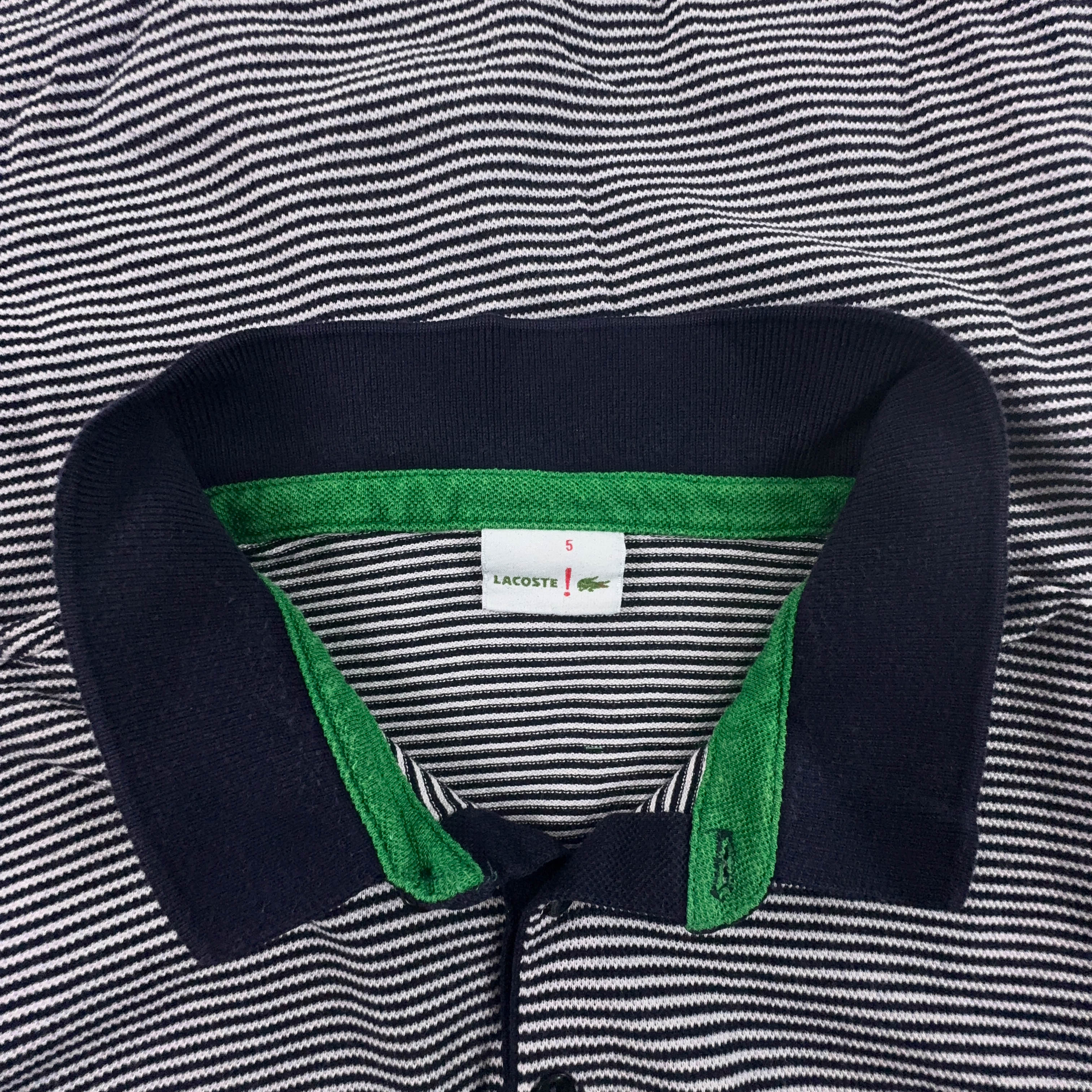 Lacoste Polo Shirt in White and Dark Blue Stripes - Men's Size 5