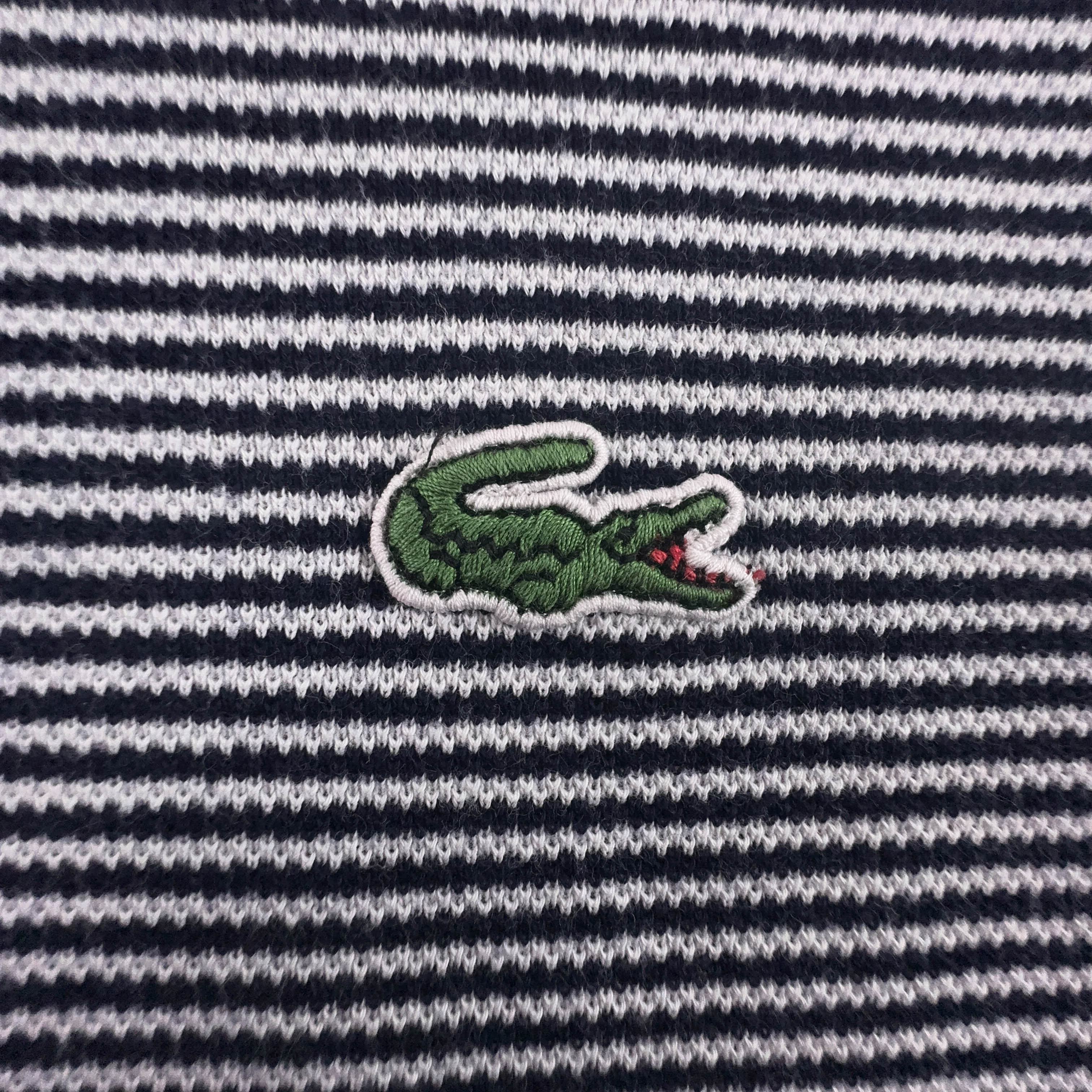 Lacoste Polo Shirt in White and Dark Blue Stripes - Men's Size 5