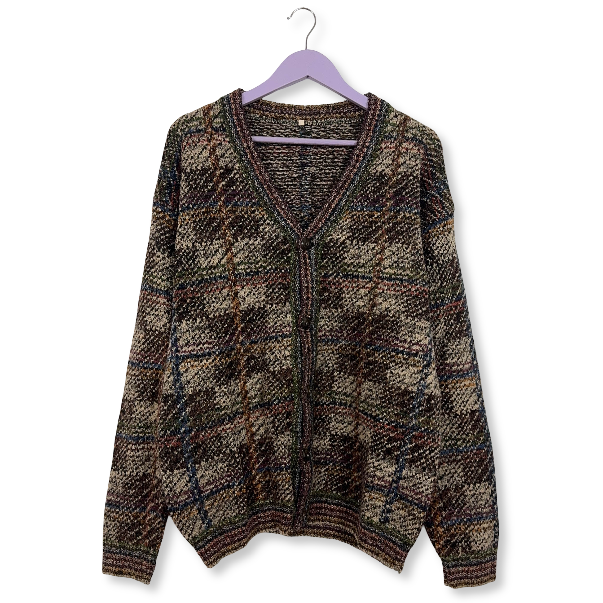 Cardigan Vintage marrone a fantasia geometrica lana e alpaca anni 80 90 - Taglia L/XL uomo