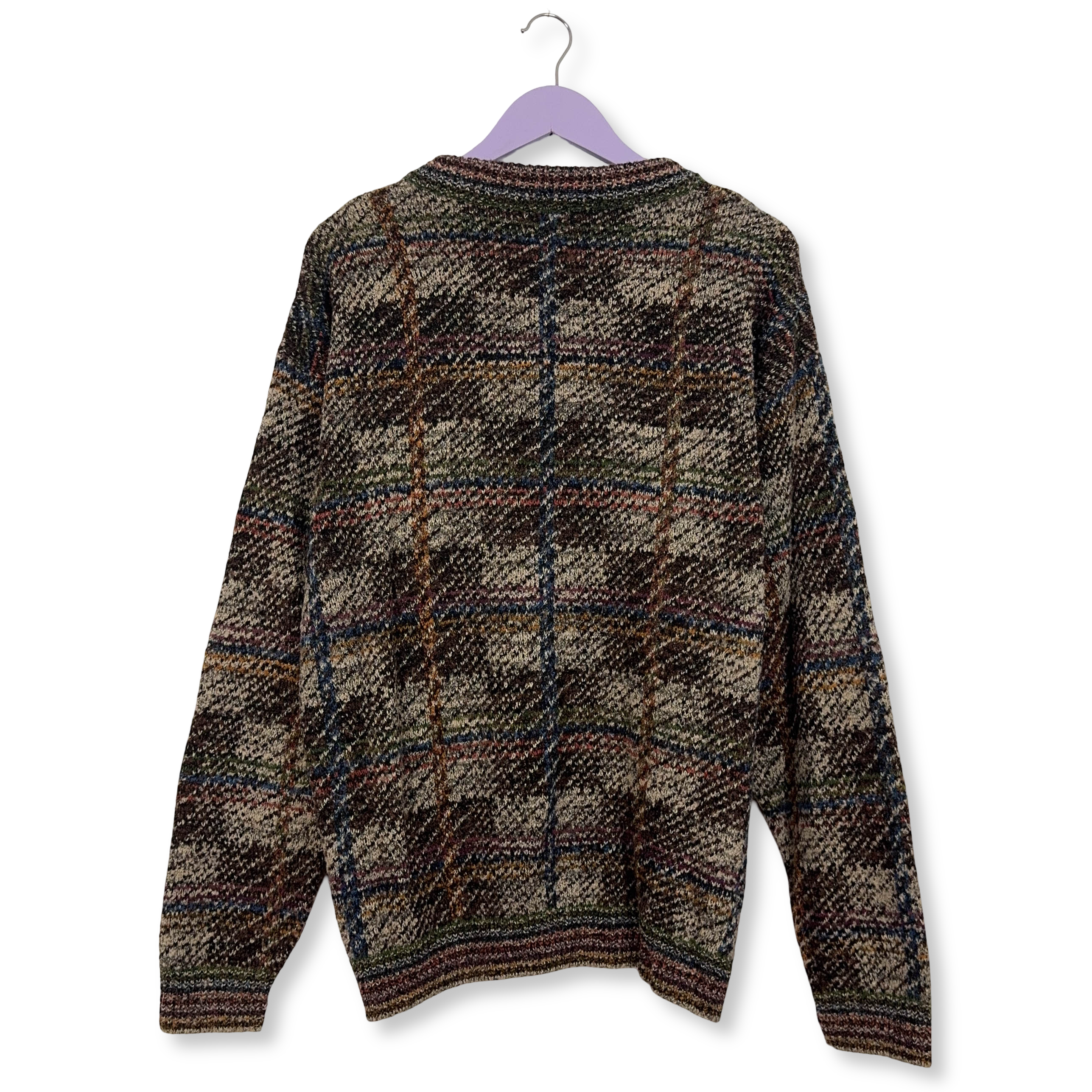 Cardigan Vintage marrone a fantasia geometrica lana e alpaca anni 80 90 - Taglia L/XL uomo